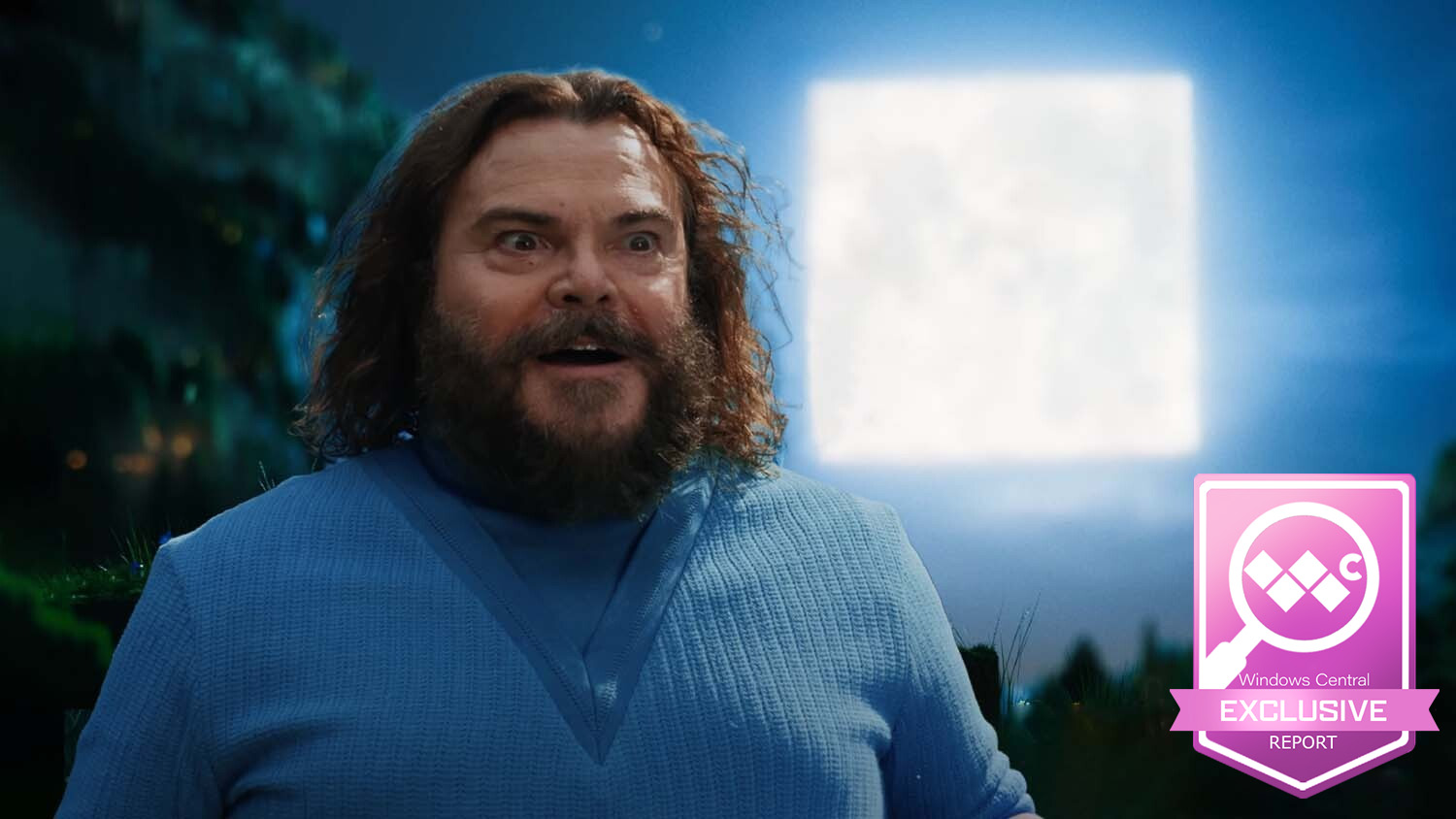 &#039;A Minecraft Movie&#039; with Jack Black as Steve in front of the moon.