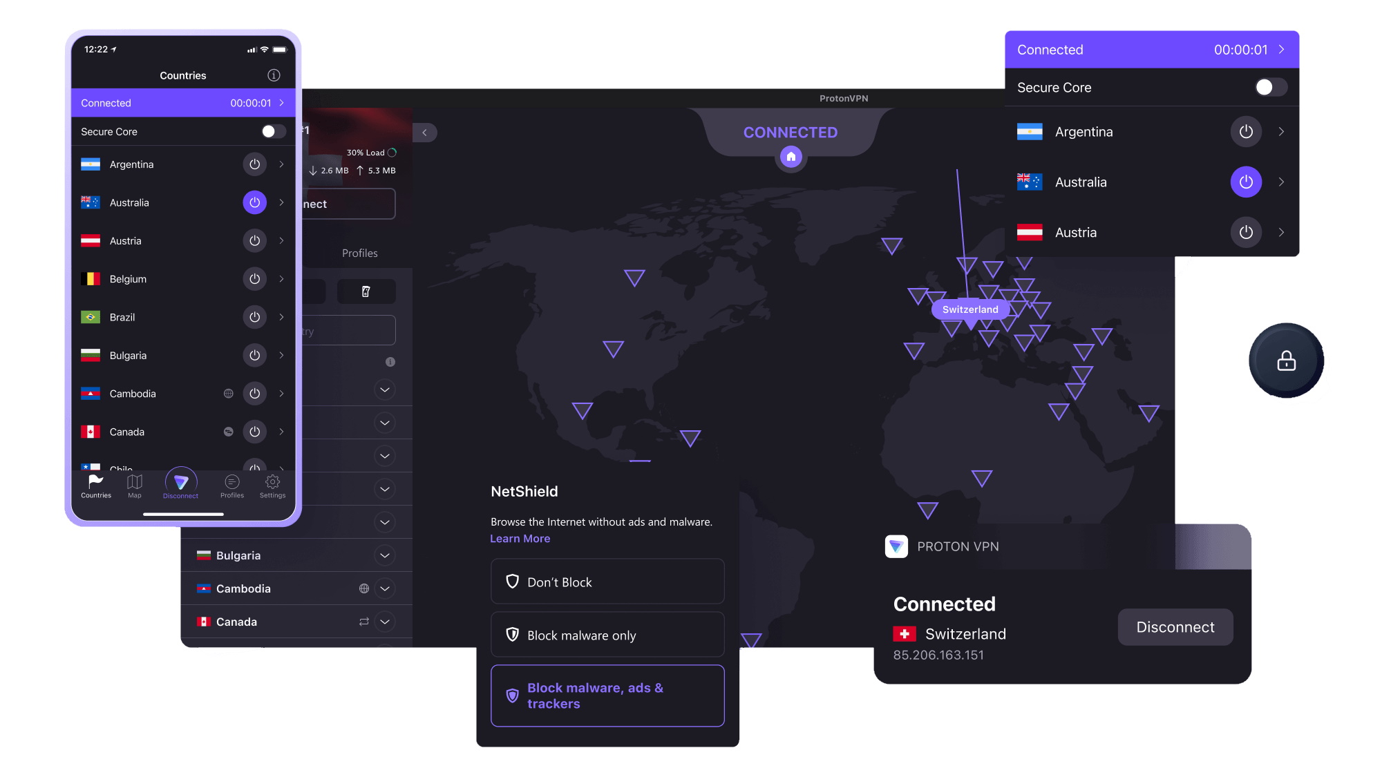 Proton VPN interface for mobile and desktop VPN apps