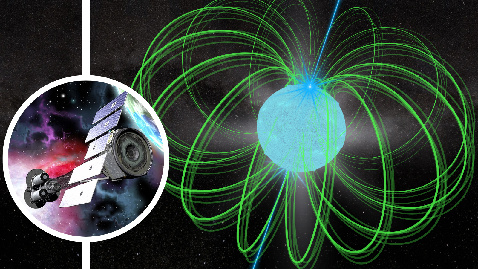 (Main) an illustration of an erupting magnetar (inset) NASA&#039;s IXPE X-ray telescope