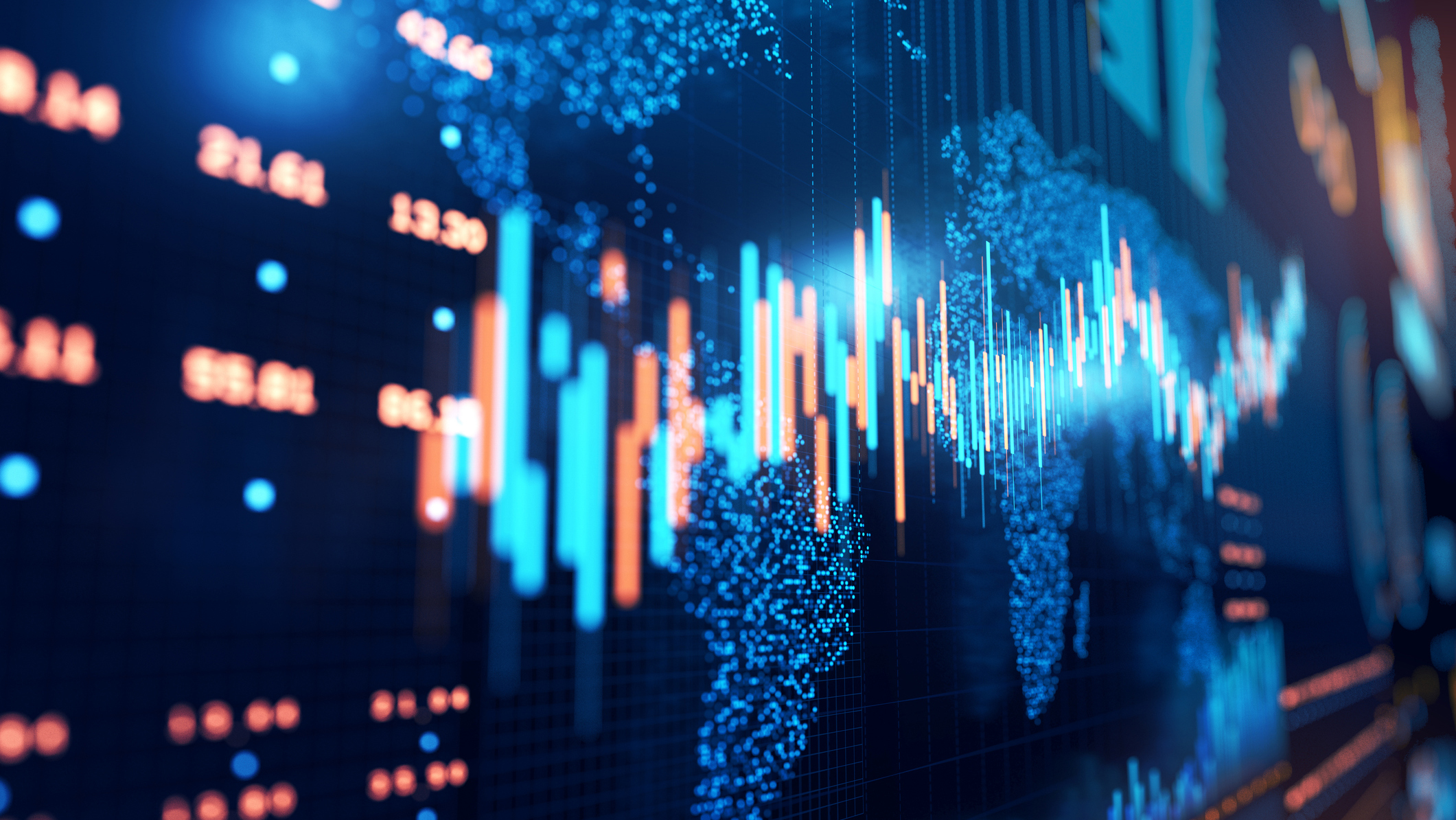 A close-up of a digital dashboard showing stock market graphs overlaid onto a world map.