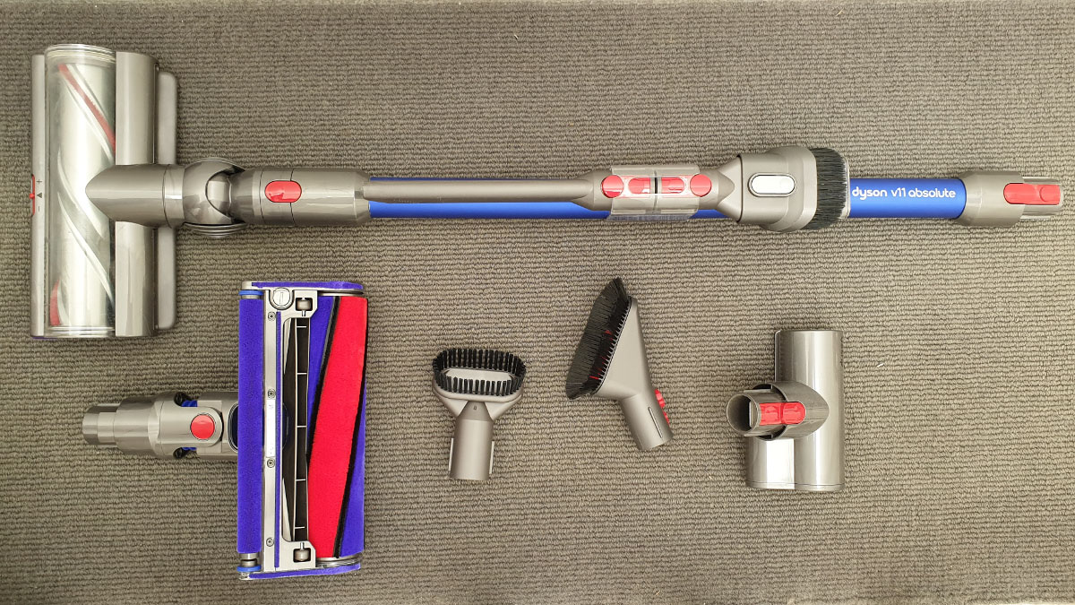 Dyson V11 vacuum cleaner with all of its accessories