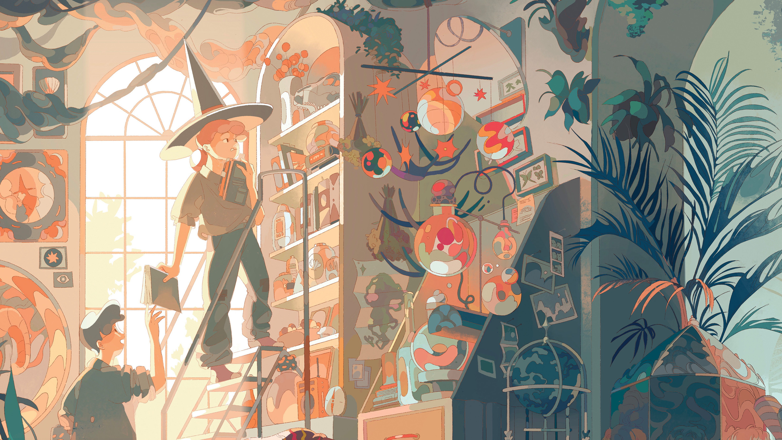 TTRPG art; a young person puts books on a shelf