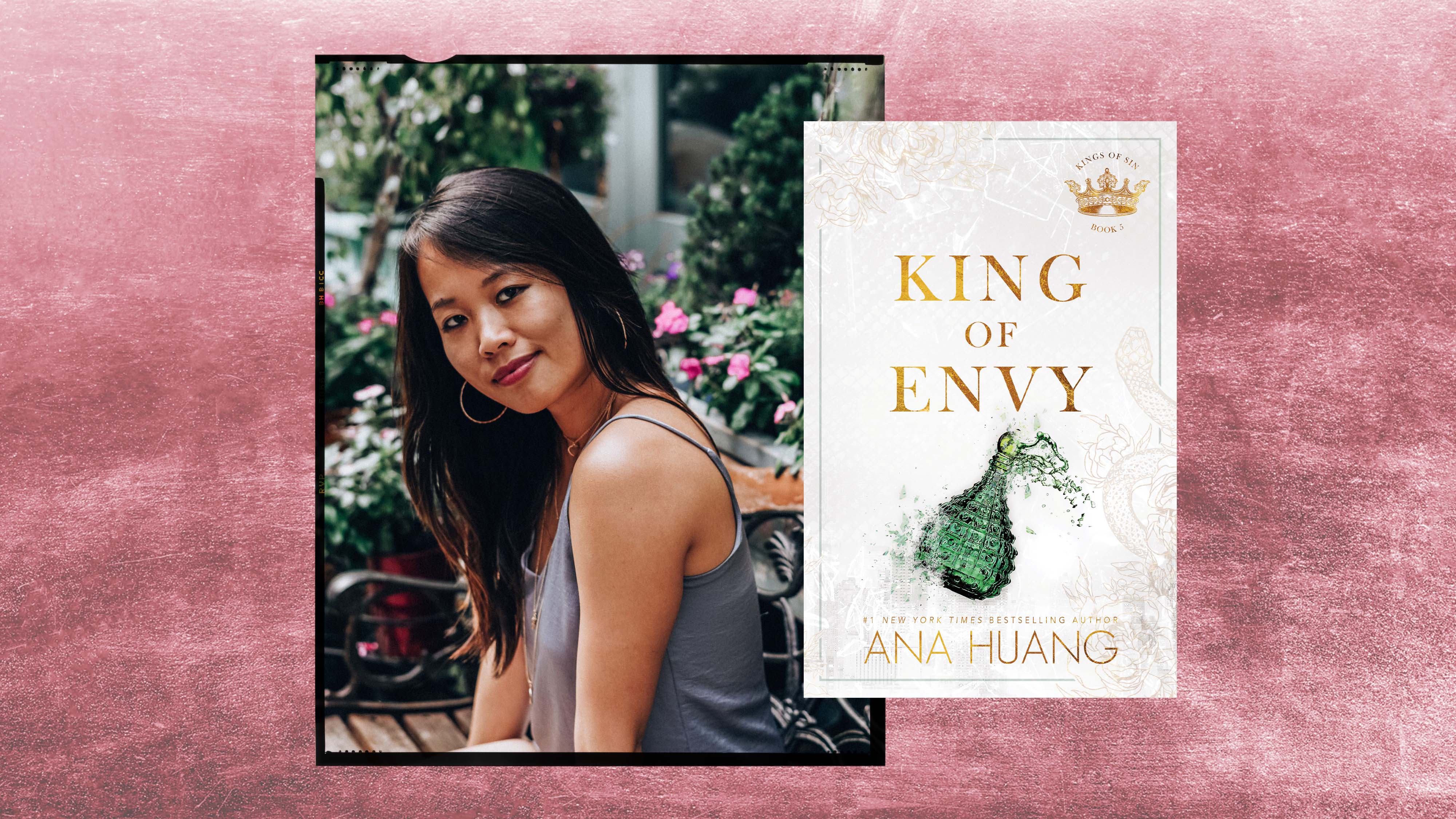 a headshot of author ana huang sitting in a garden and an image of her new book cover, the king of envy