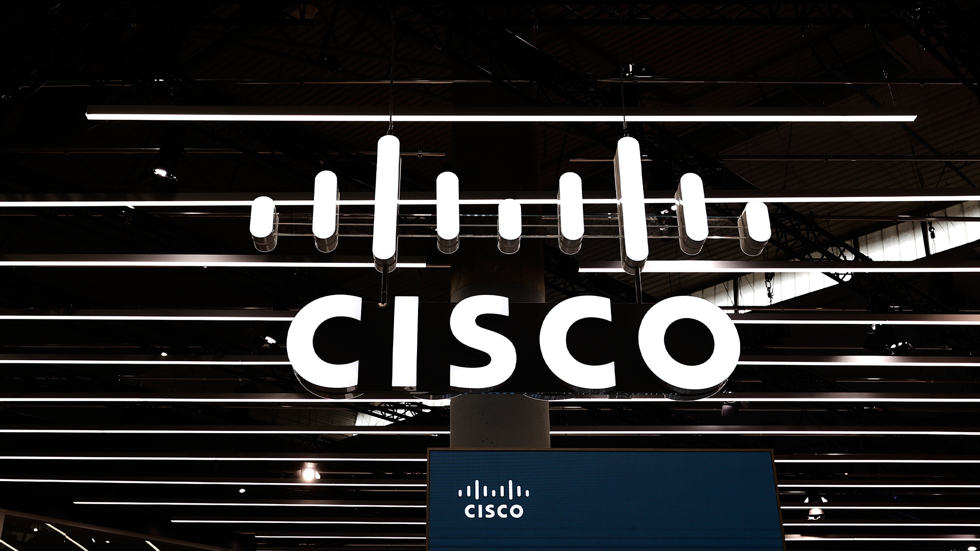 The Cisco logo is on display at their pavilion during the Mobile World Congress in Barcelona, Spain, on February 28, 2024.