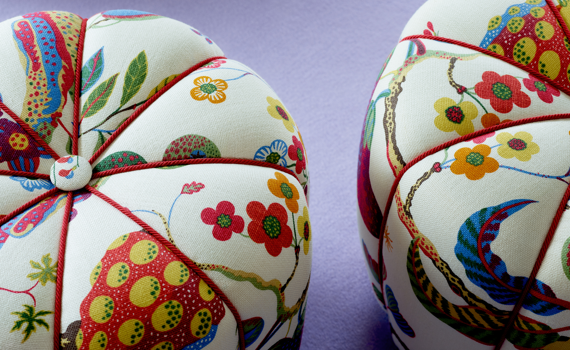 Two poufs by Josef Frank in Vegetable Tree print fabric for India Mahdavi Svenskt Tenn exhibition during Stockholm Design Week 2022