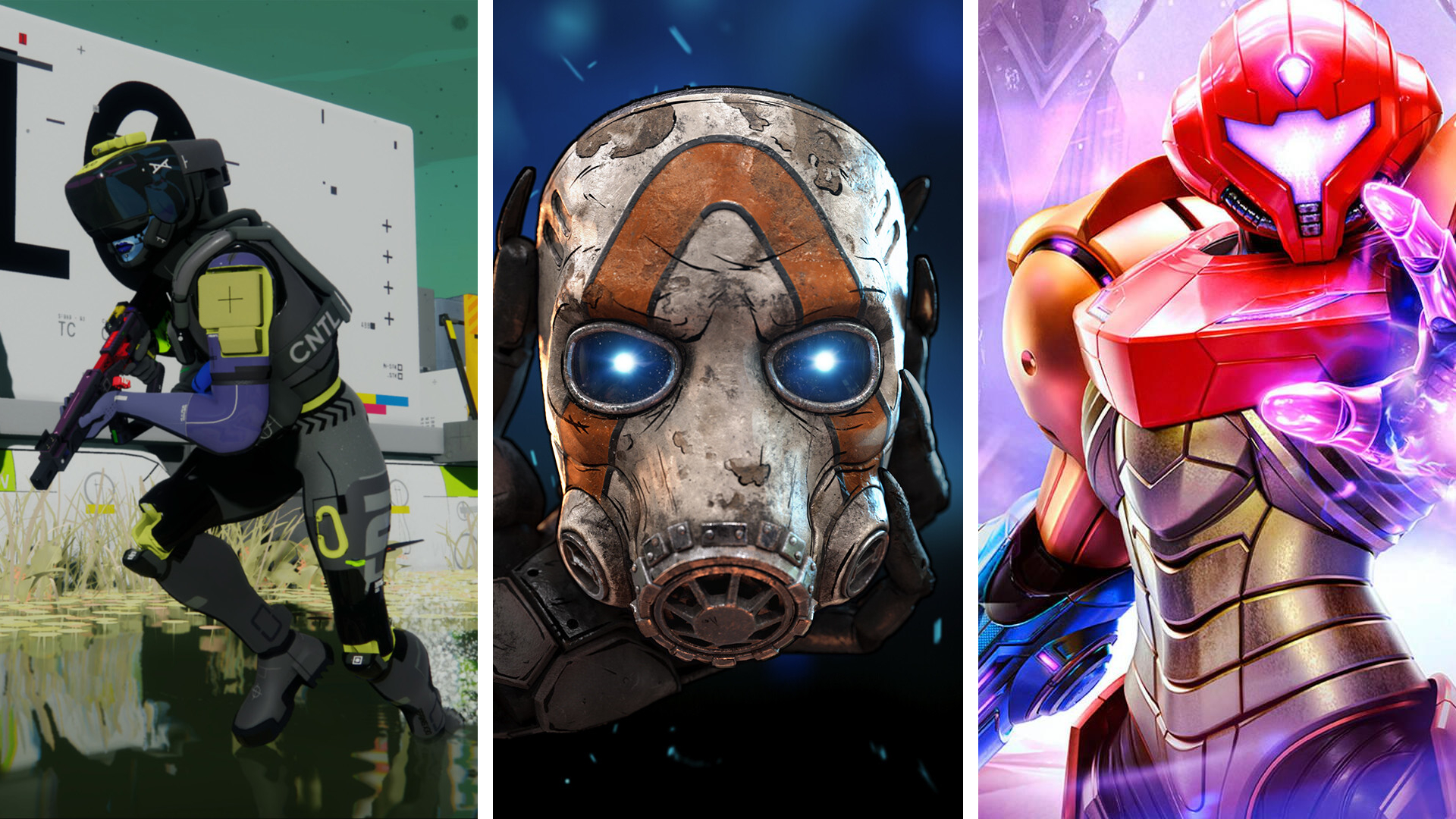 A split image showing screenshots from Marathon, Borderlands 4, and Metroid Prime 4: Beyond.