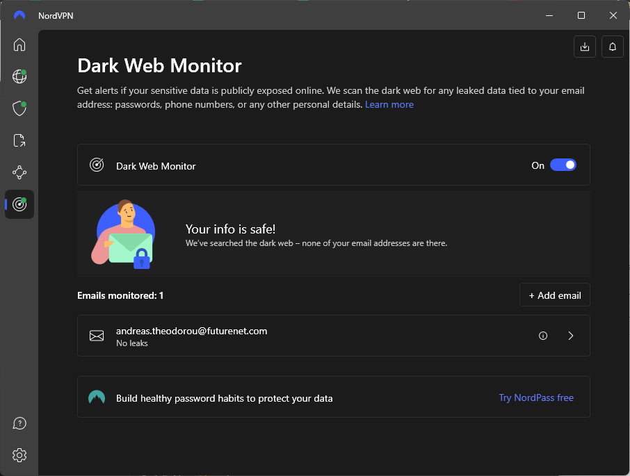 NordVPN Windows VPN app screenshot of Dark Web Monitor screen