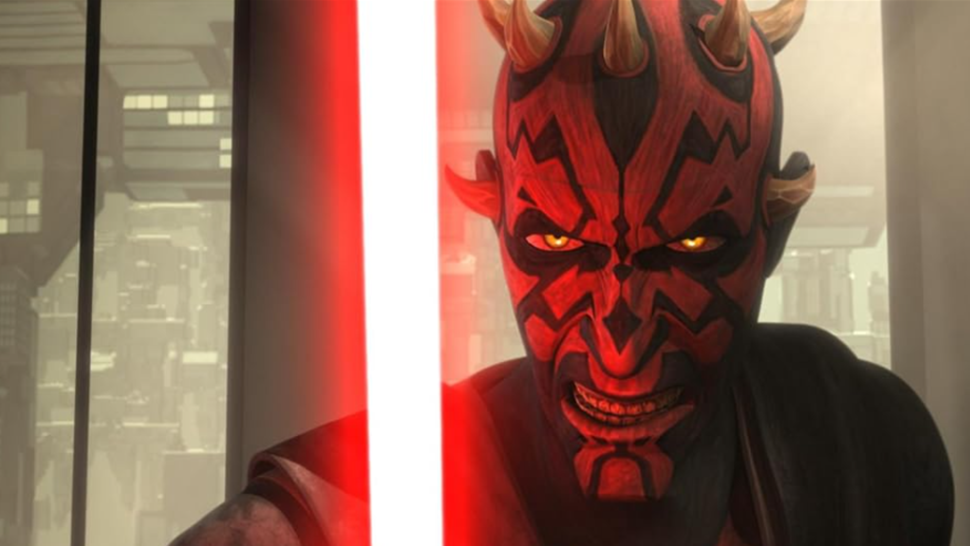 Darth Maul snarls behind a red lightsabre in Star Wars: The Clone Wars