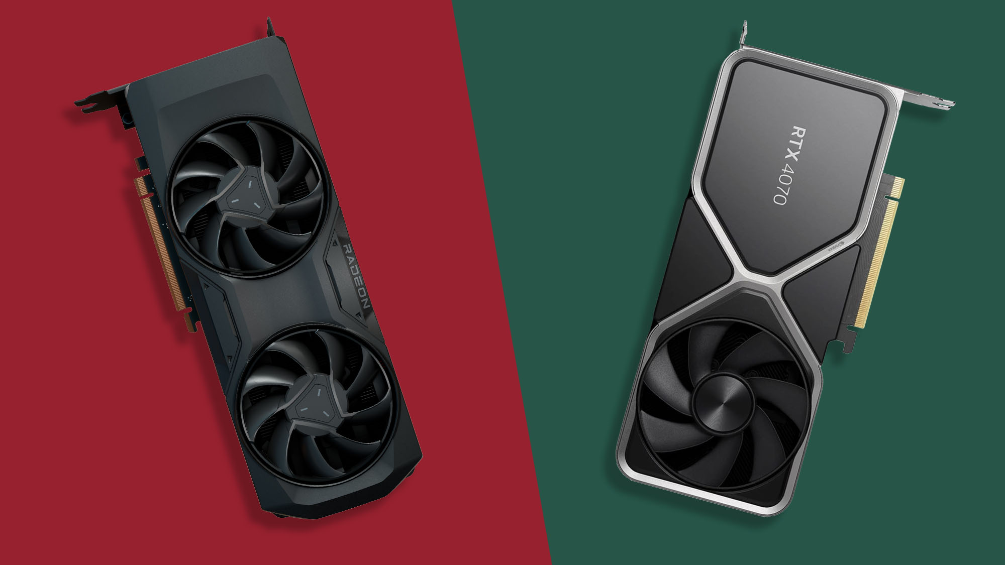 An AMD RX 7800 vs 4070 from Nvidia on a two tone background