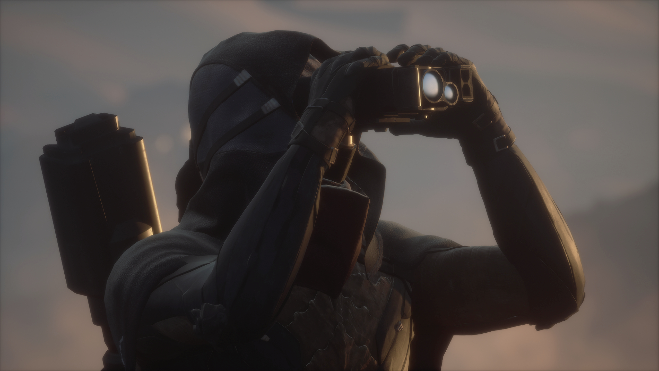 Dune: Awakening blood purifiers - A character wearing a Stillsuit and looking through binoculars. 