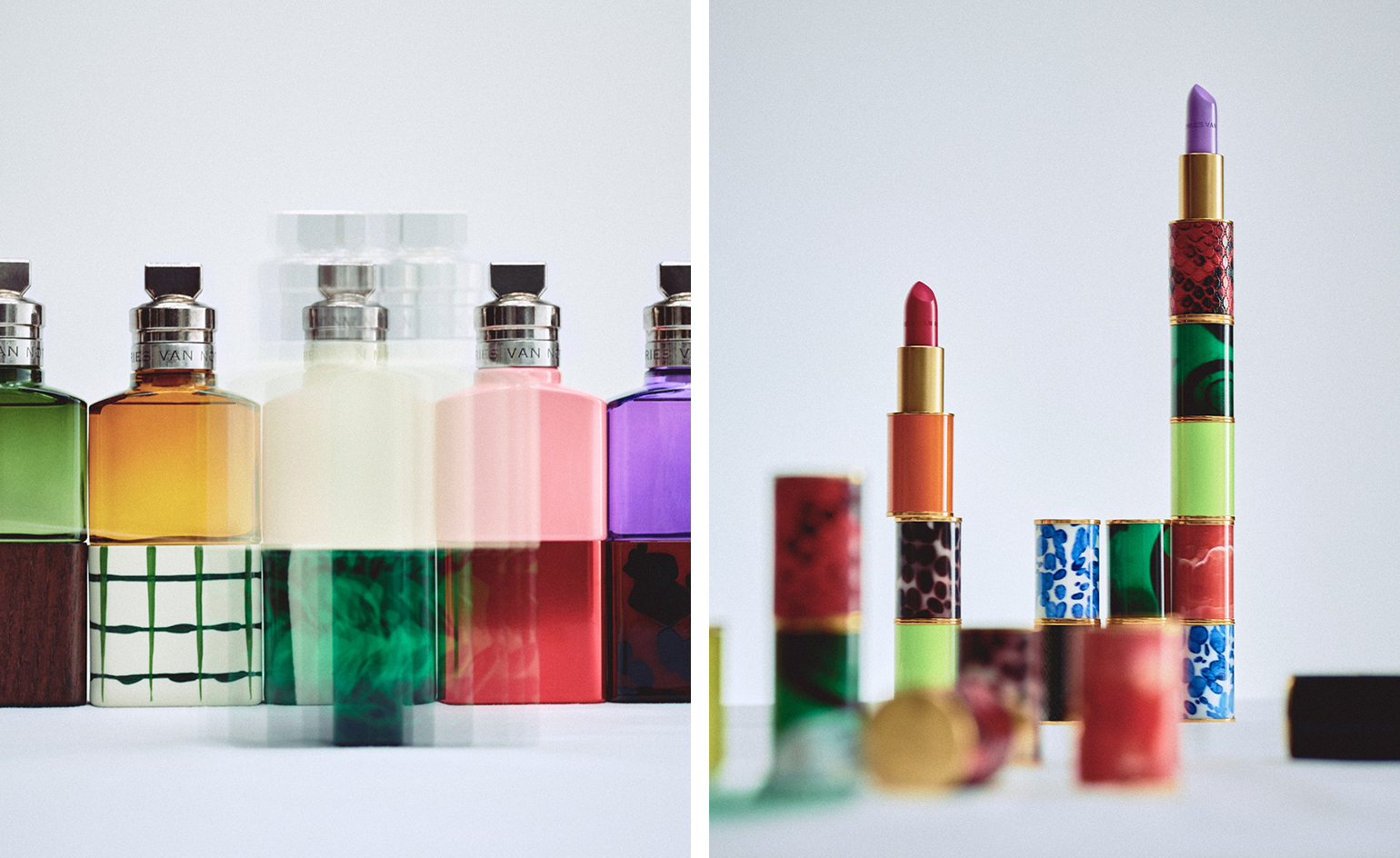 Dries Van Noten Beauty perfumes from left, Cannabis Patchouli, Rock the Myrrh, Santal Greenery, Raving Rose, Fleur du Mal. Lipstick in no.8 Street Pink (left) and a yet to be launched purple shade, presented in various cases