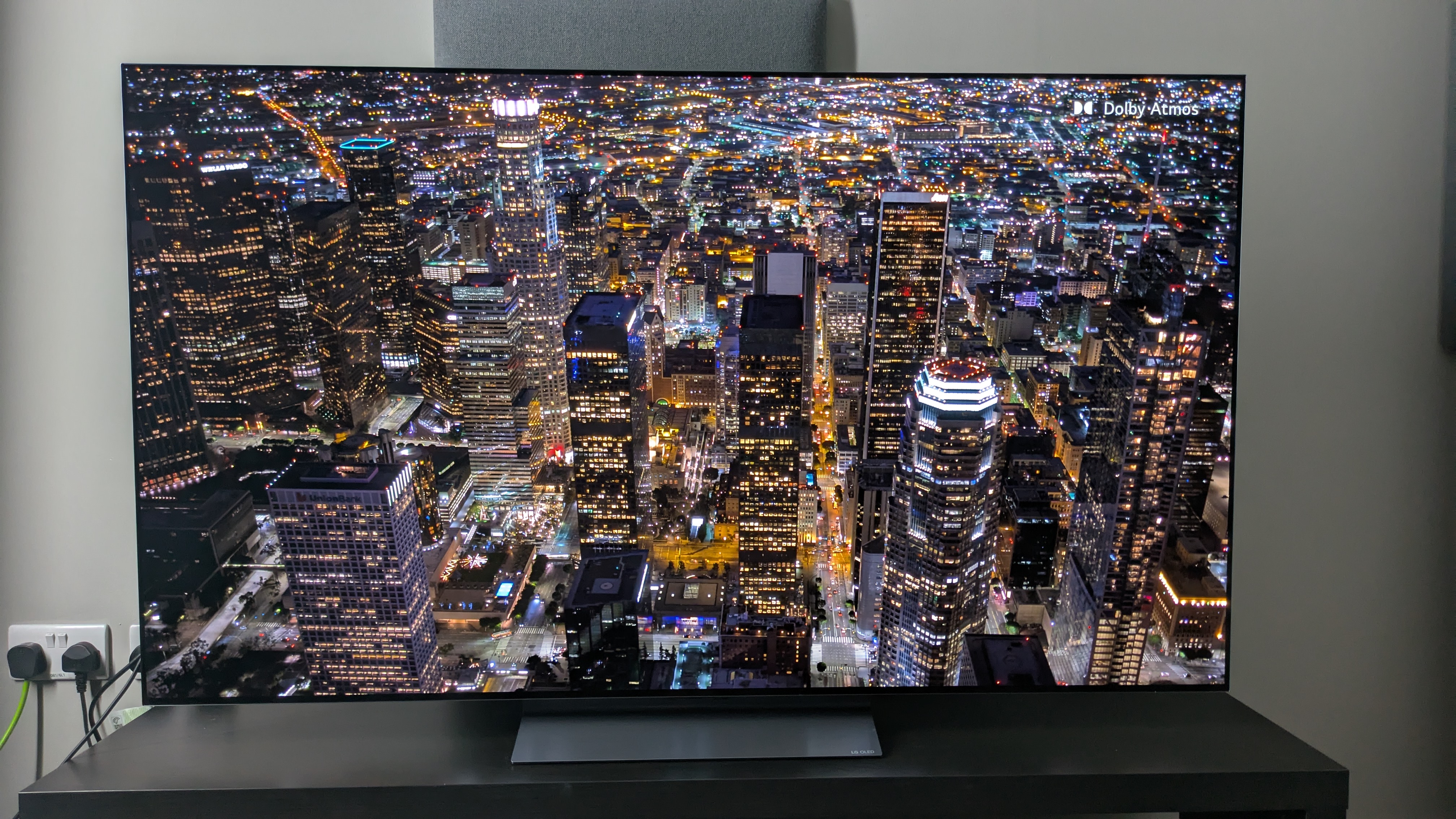 LG C5 with aerial shot of city at night on screen 