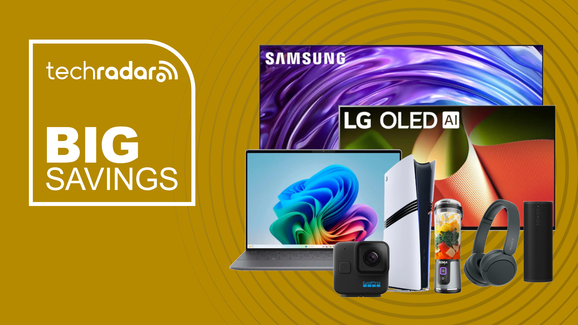 Collage of tech from the latest Best Buy sale, including a Samsung OLED TV, LG TV, Dell XPS laptop, Sony PS5, GoPro, Ninja blender, Sonos speaker and Sony headphones
