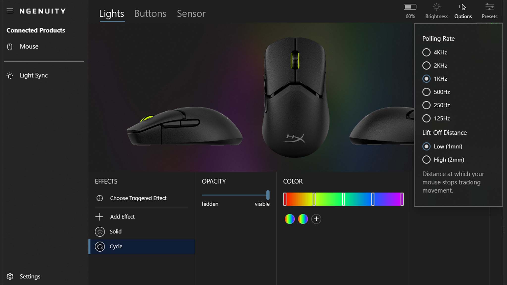 The NGENUITY app's Lights menu, with yellow RGB and 1KHz polling selected for HyperX Pulsefire Saga Pro.