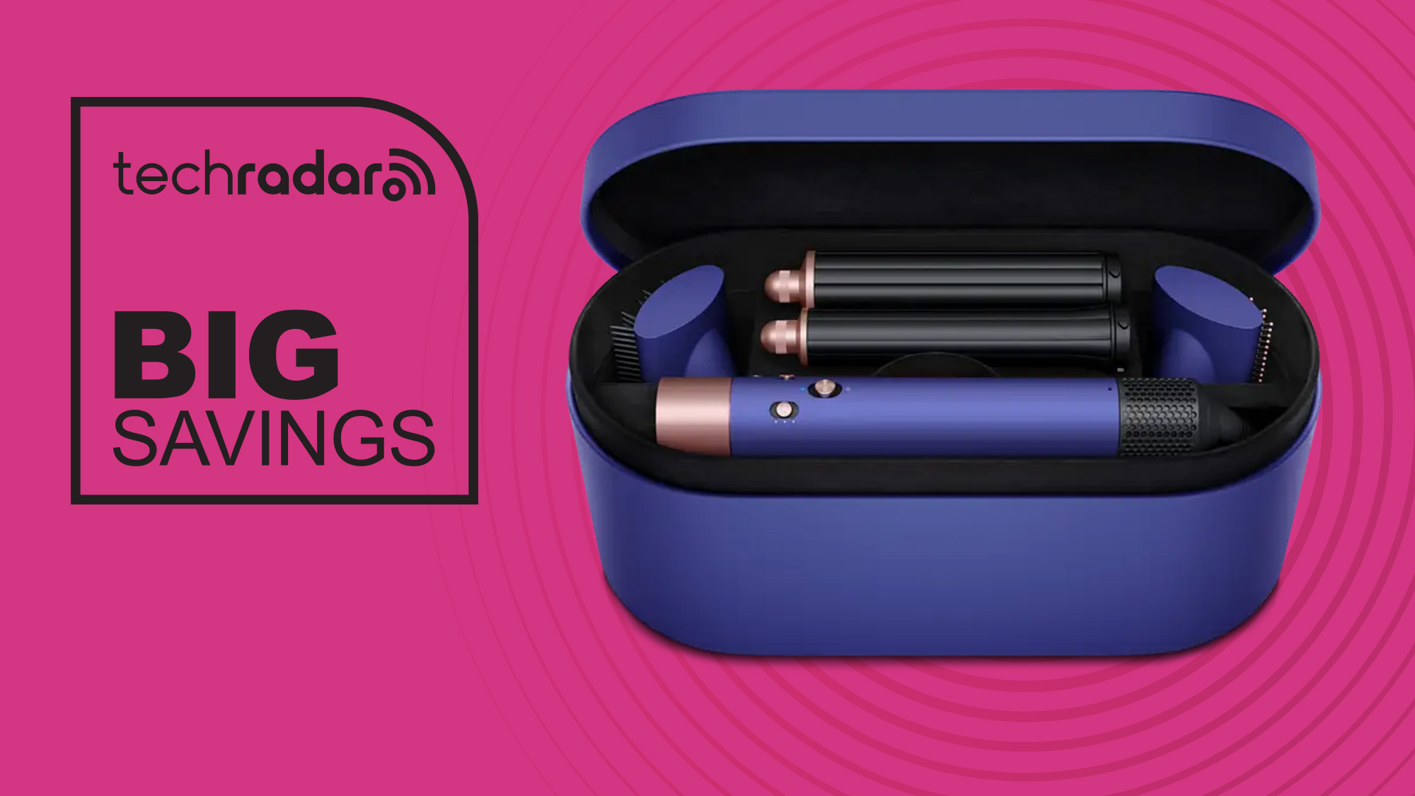 The Dyson Airwrap in its box with all of its parts, a sign next to it says Big Savings.