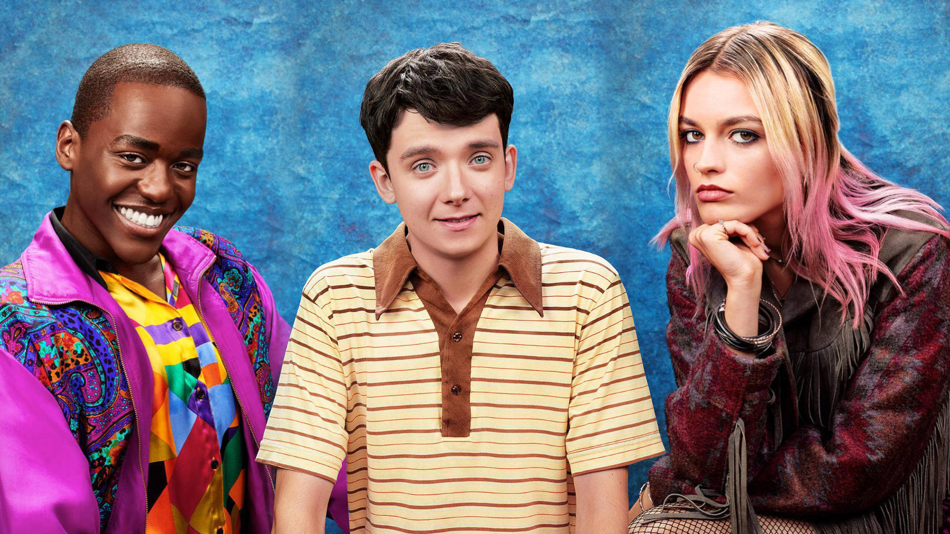 Sex Education cast. Eric, Otis and Maeve posing for a school photo.