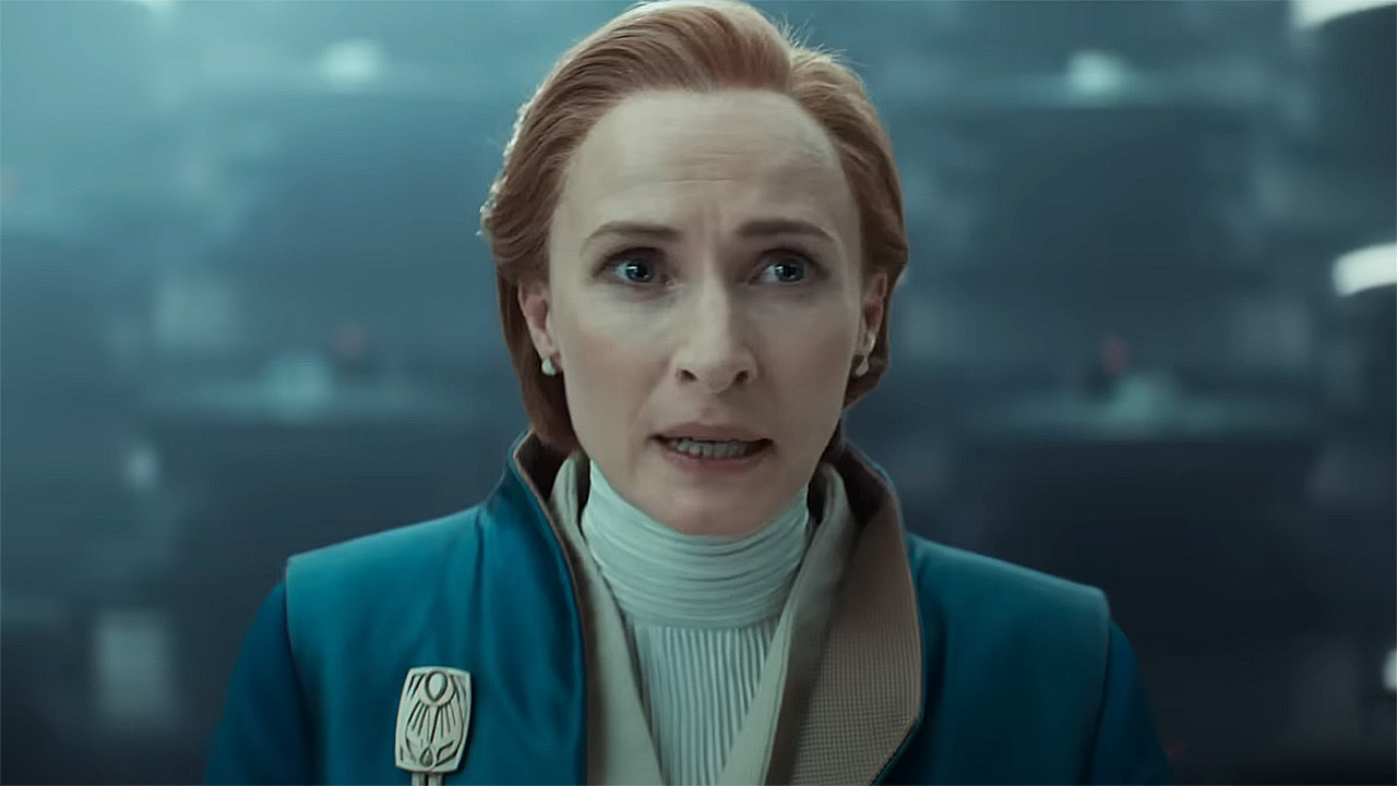 A close up of Genevieve O&#039;Reilly&#039;s Mon Mothma giving her iconic Senate speech in Andor season 2 episode 9