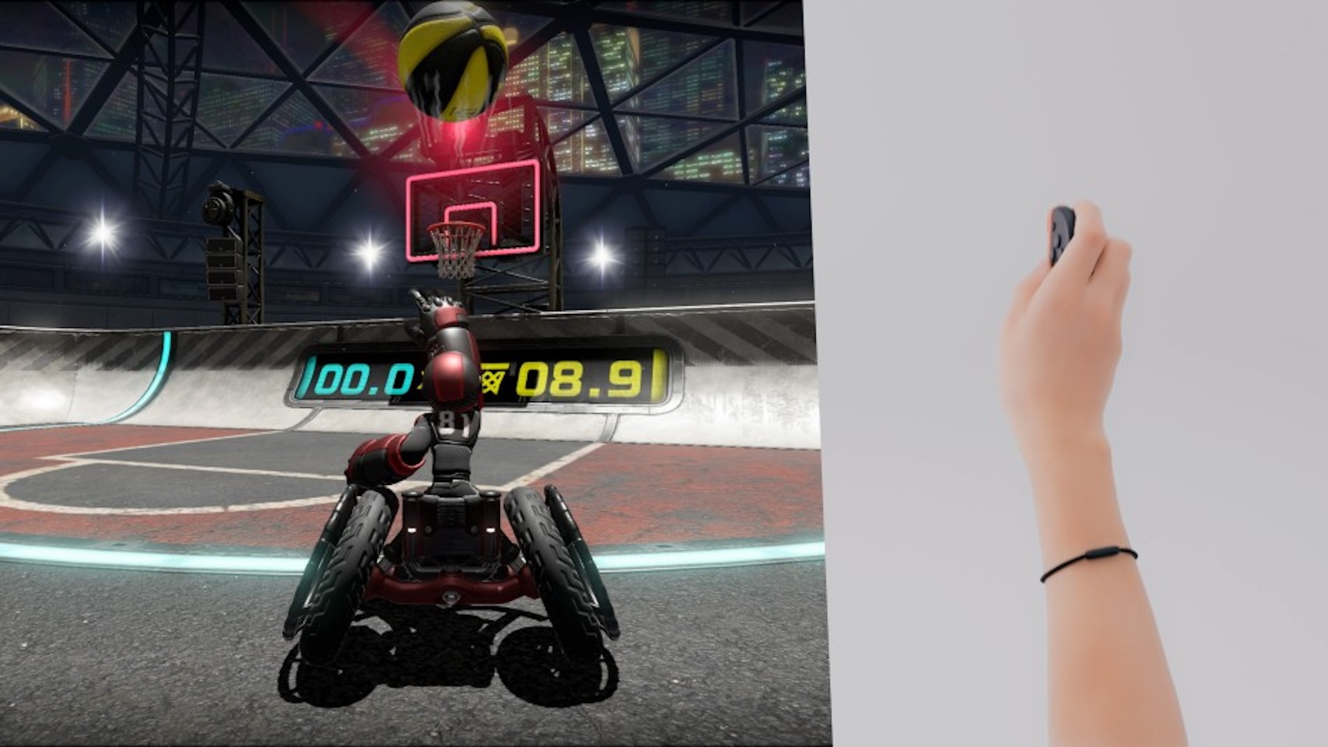 A player in a wheelchair shoots a shot towards a basketball net.