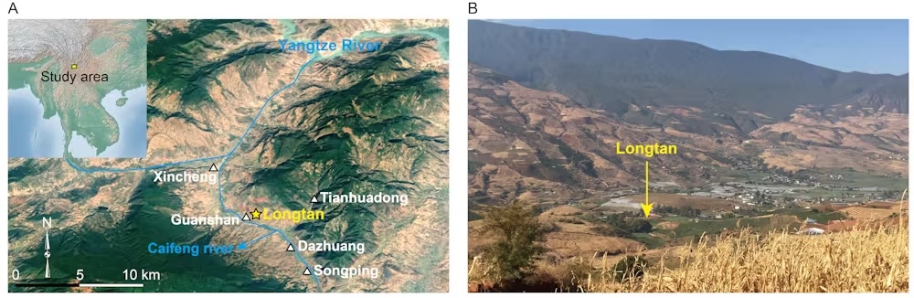On the left, a map showing the location of Longtan on the Tibetan Plateau. On the right, a photo showing the location of the archaeological site nestled into the foothills of a mountain.