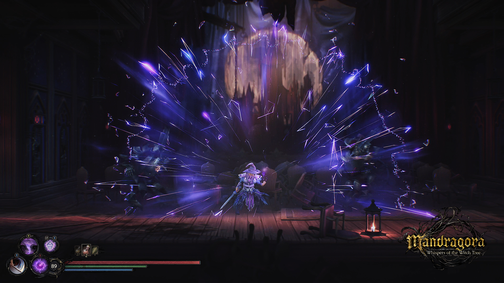 Mandragora: Whispers of the Witch Tree screenshots showing off gameplay for the 2.5D side scrolling action RPG that blends metroidvania and soulslike gameplay.