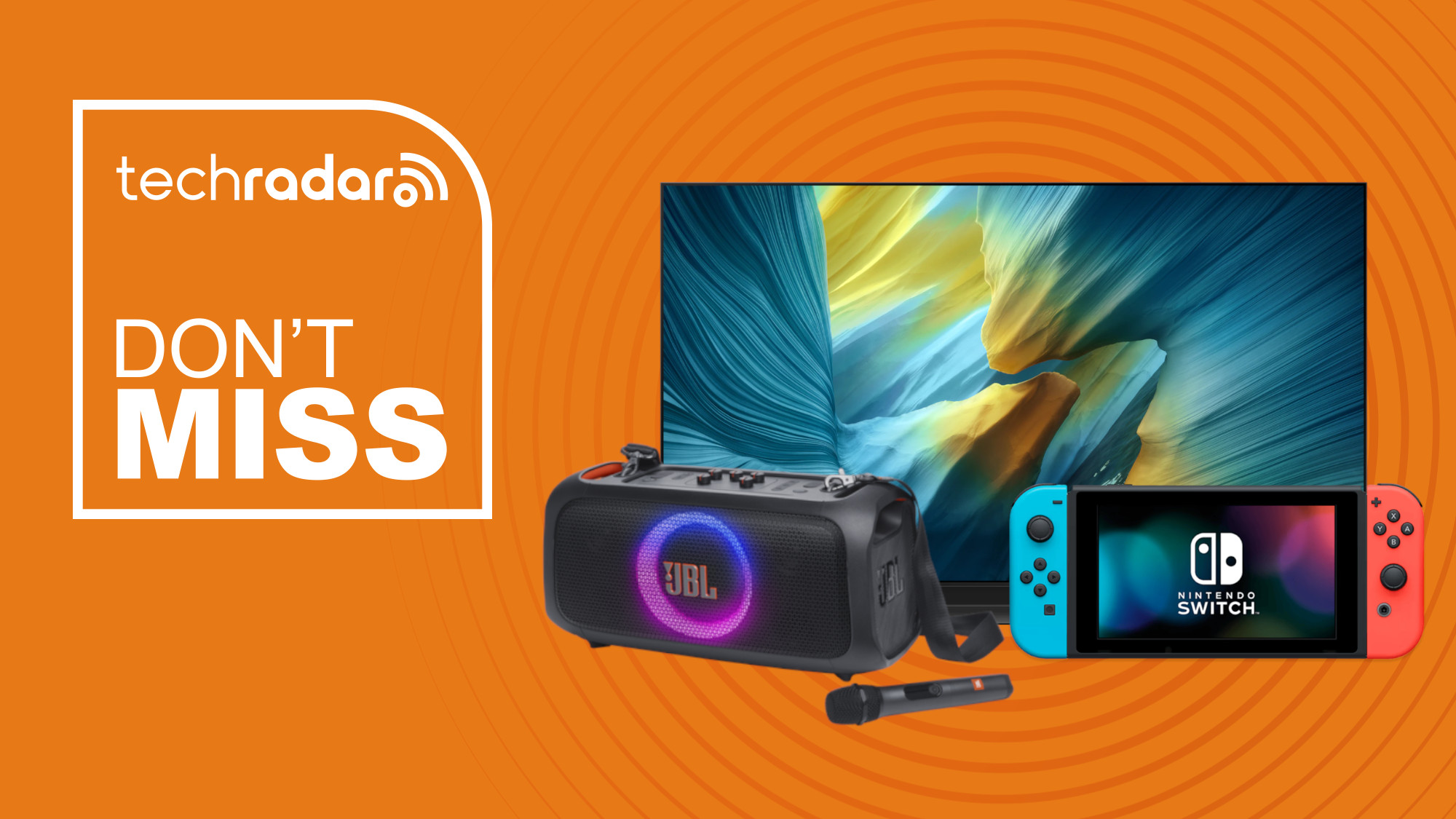 Samsung TV, JBL Speaker, and Nintendo Switch on orange background with don't miss text overlay