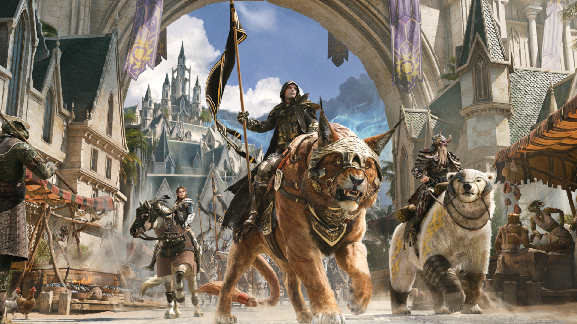 Three adventurers ride in on mounts to The Elder Scrolls Online&#039;s next update: Seasons of the Worm Cult.