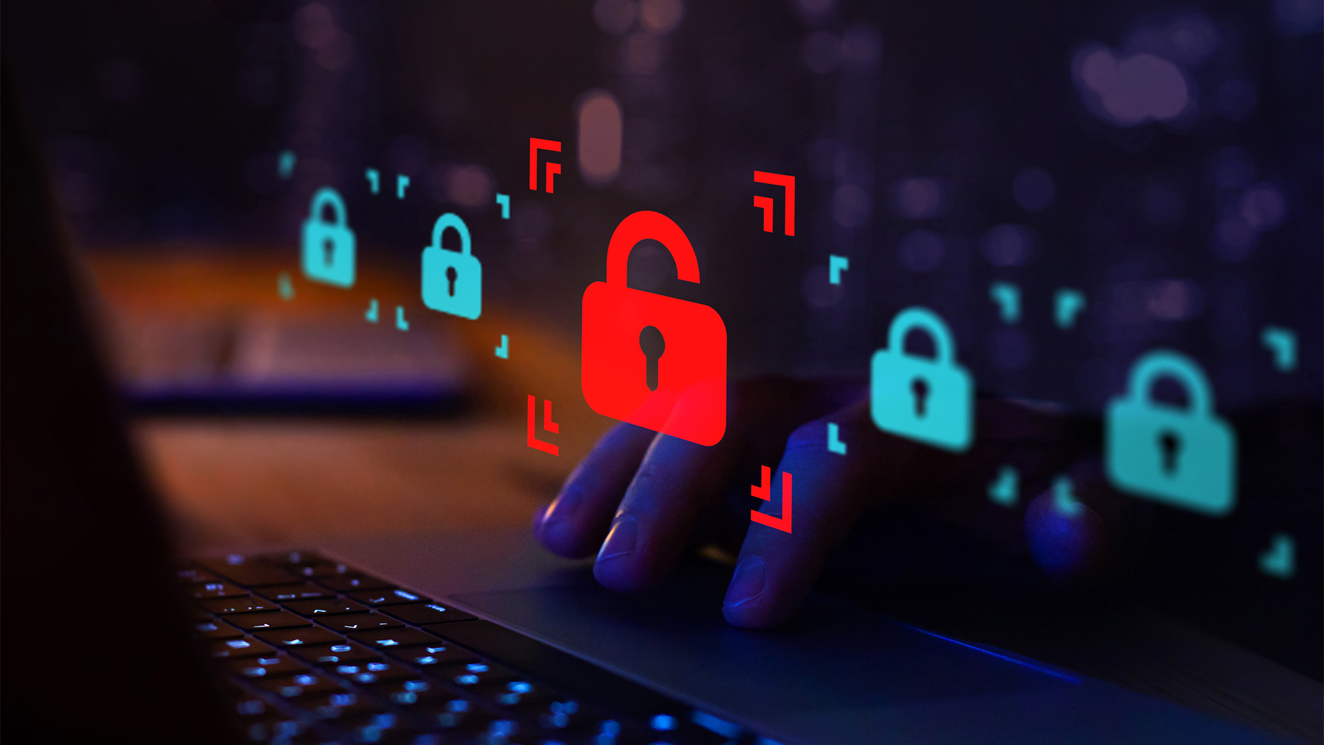 Cybersecurity concept image symbolizing third-party data breaches with give padlock symbols and one pictured in red, signifying a security breach.