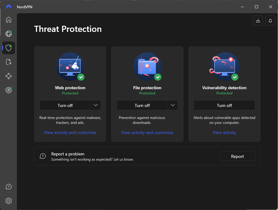 NordVPN Windows VPN app screenshot of Threat Protection screen