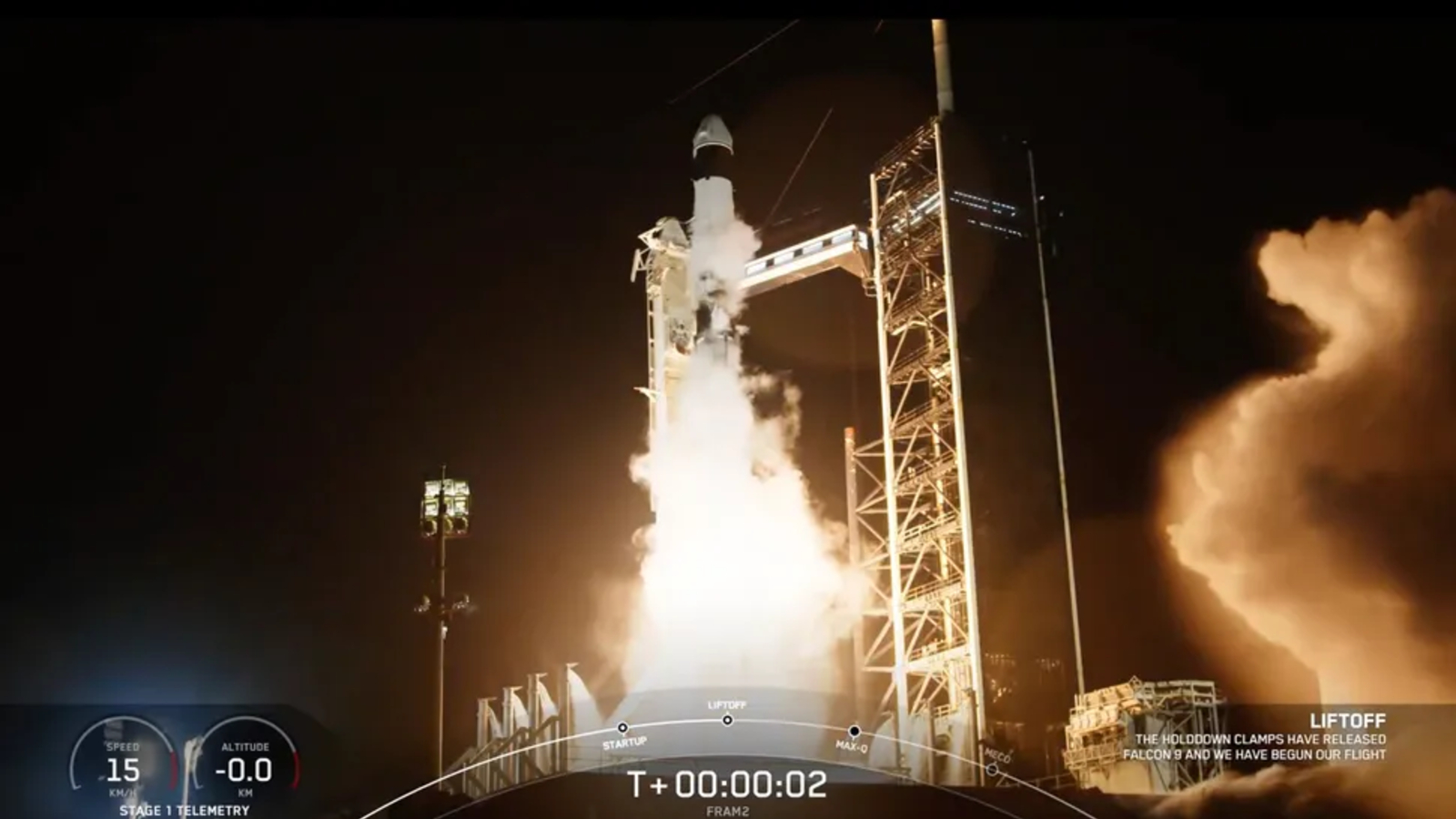 A rocket igniting during a launch sequence at night