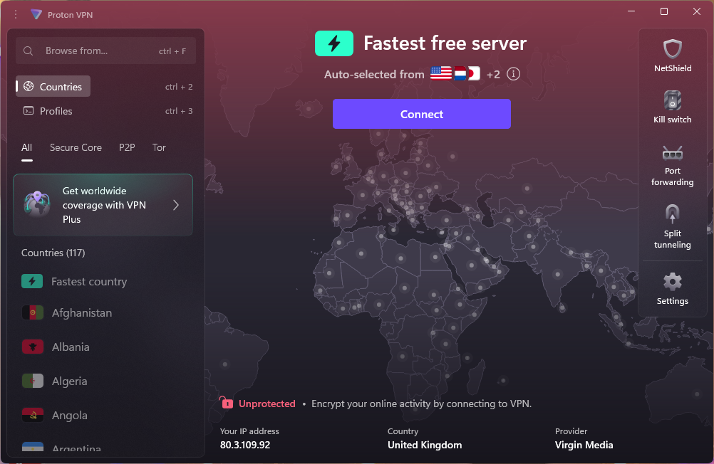 Proton VPN Free Windows UI