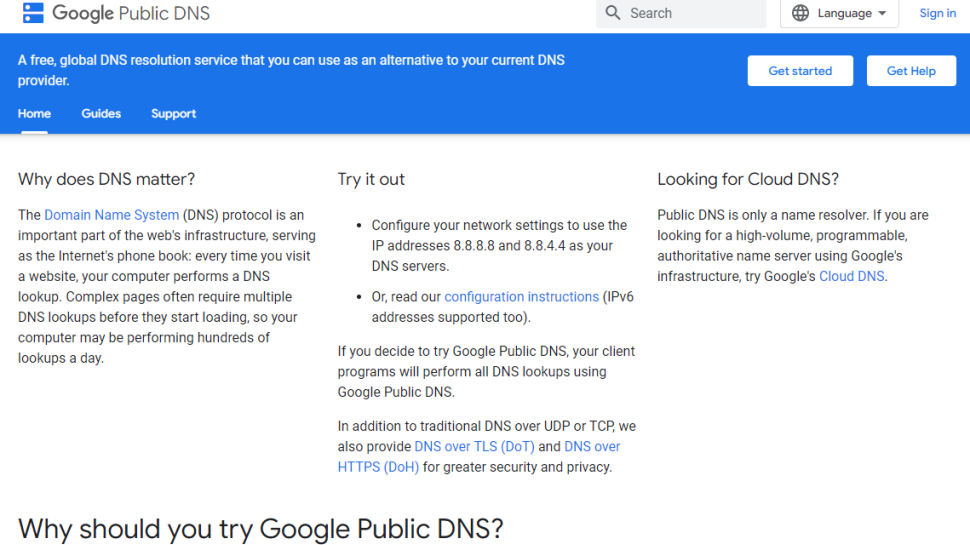 Google Public DNS website screenshot.