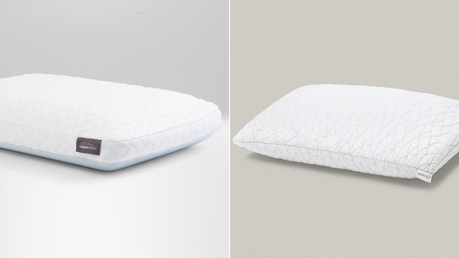 The Tempur-Pedic Cloud pillow on the left and the Coop Original Adjustable pillow on the right, both against a pale background