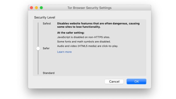 Tor Browser security settings