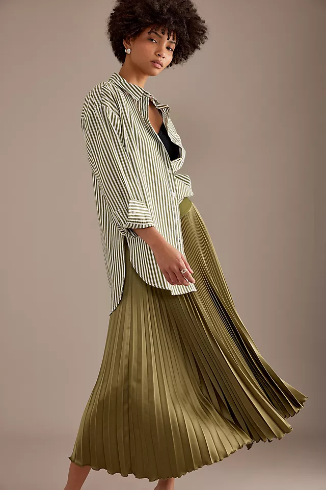 Pleated Satin Midi Skirt