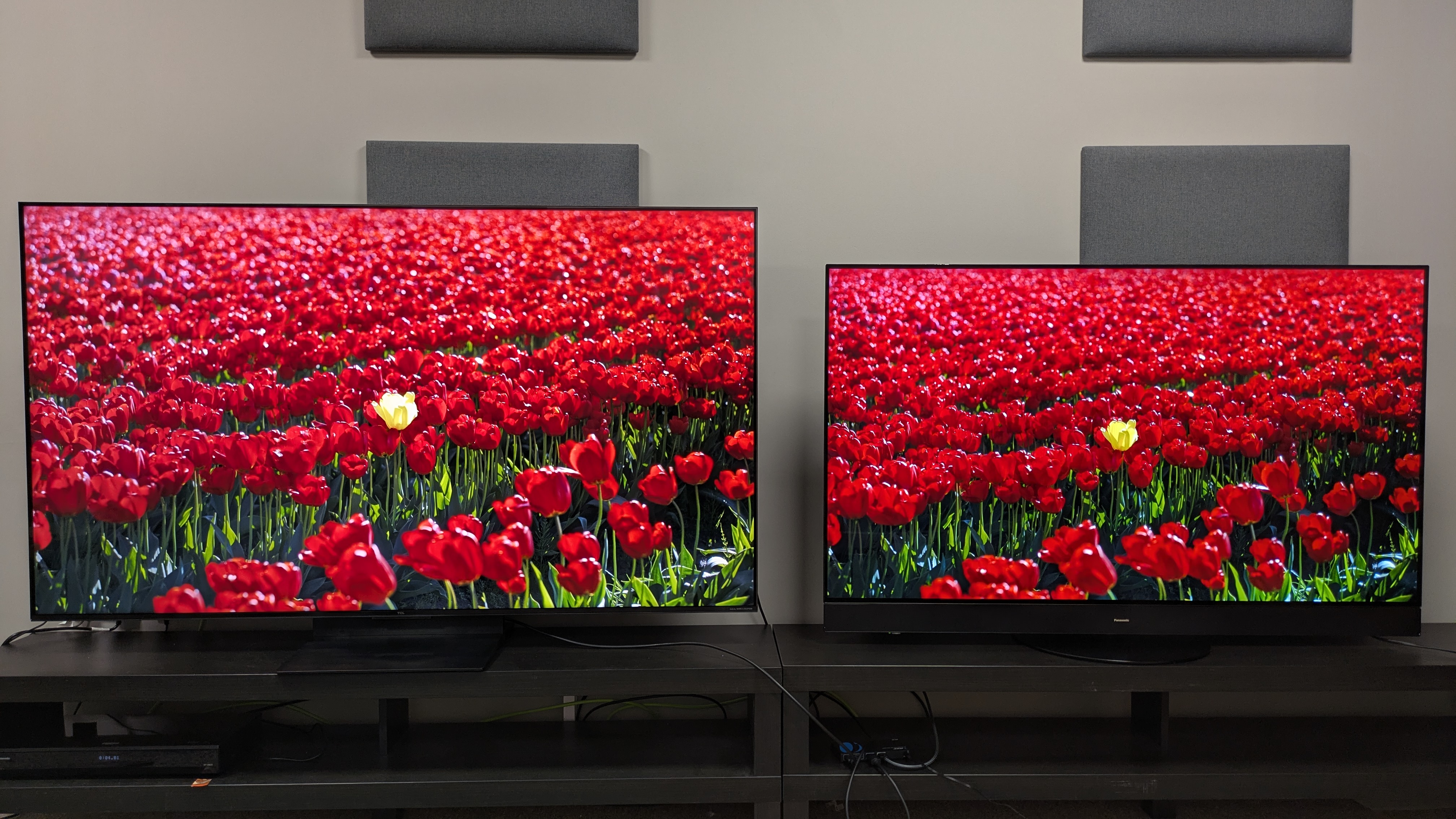 TCL C7K mini-LED TV left and Panasonic MZ1500 OLED TV right displaying red flowers on screen 