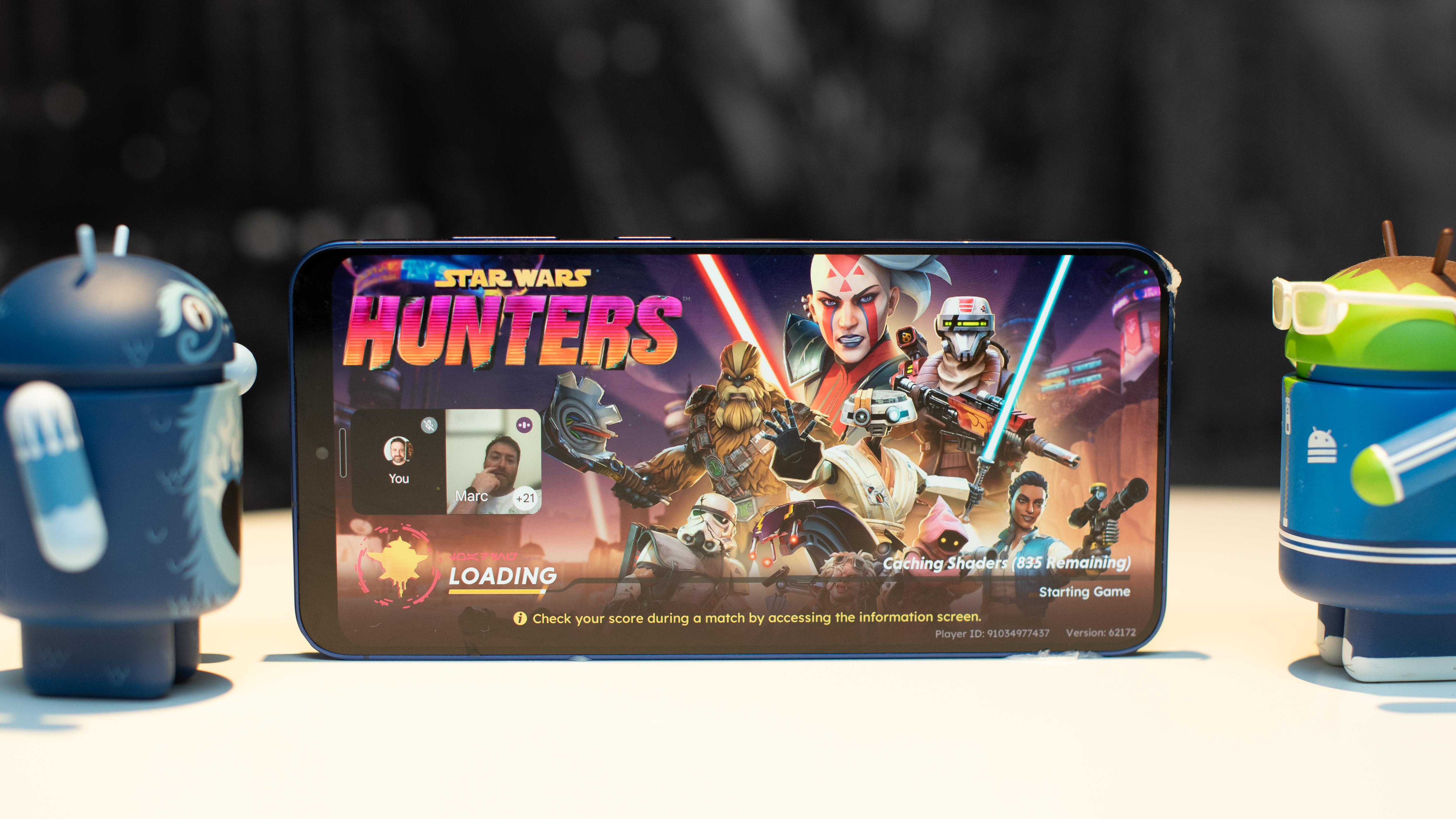 Samsung Galaxy S25 Plus in Navy Blue with Star Wars Hunters title screen showing