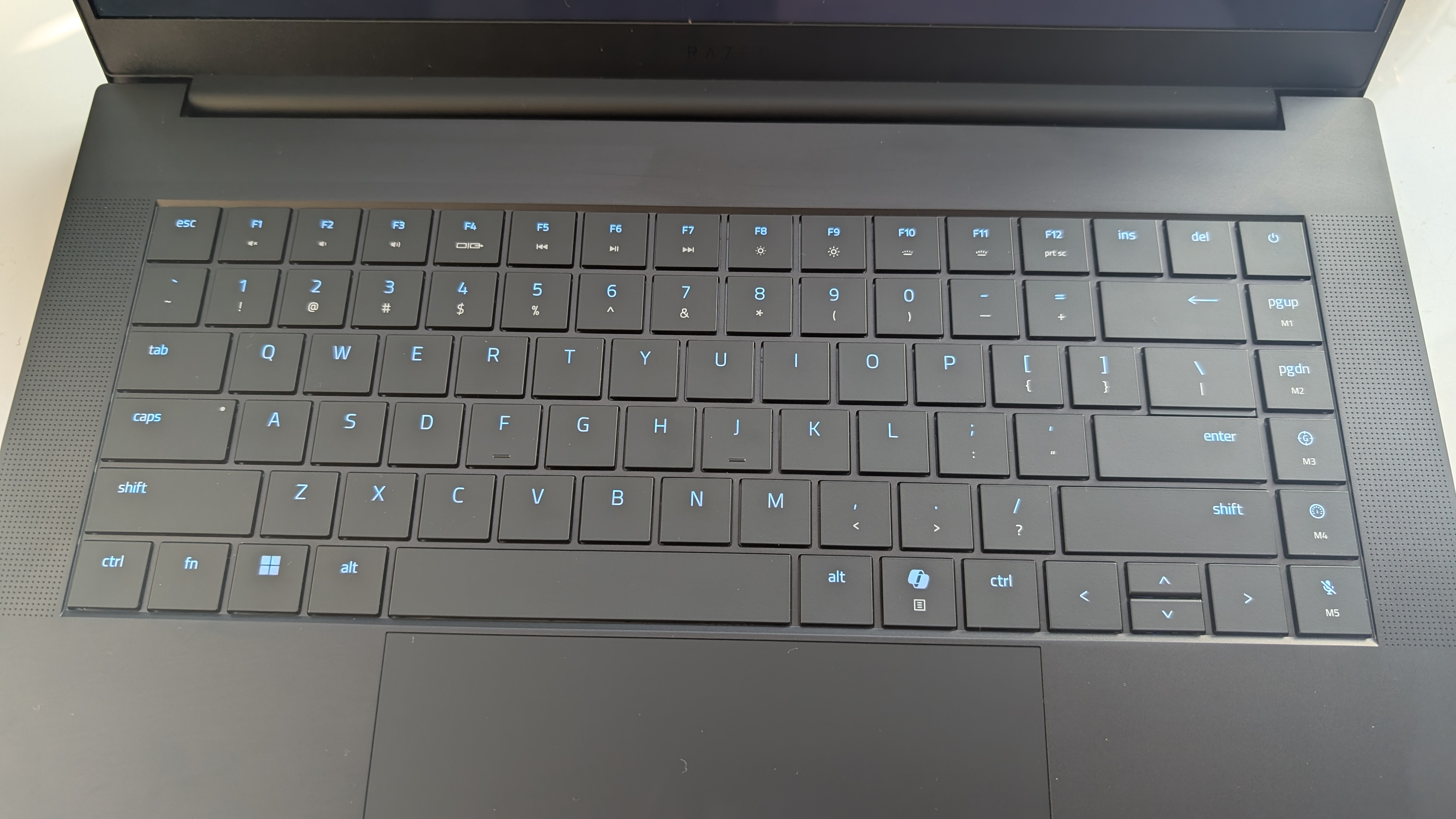 The Razer Blade 16 photographed for TechRadar on a white surface with plants in the background.