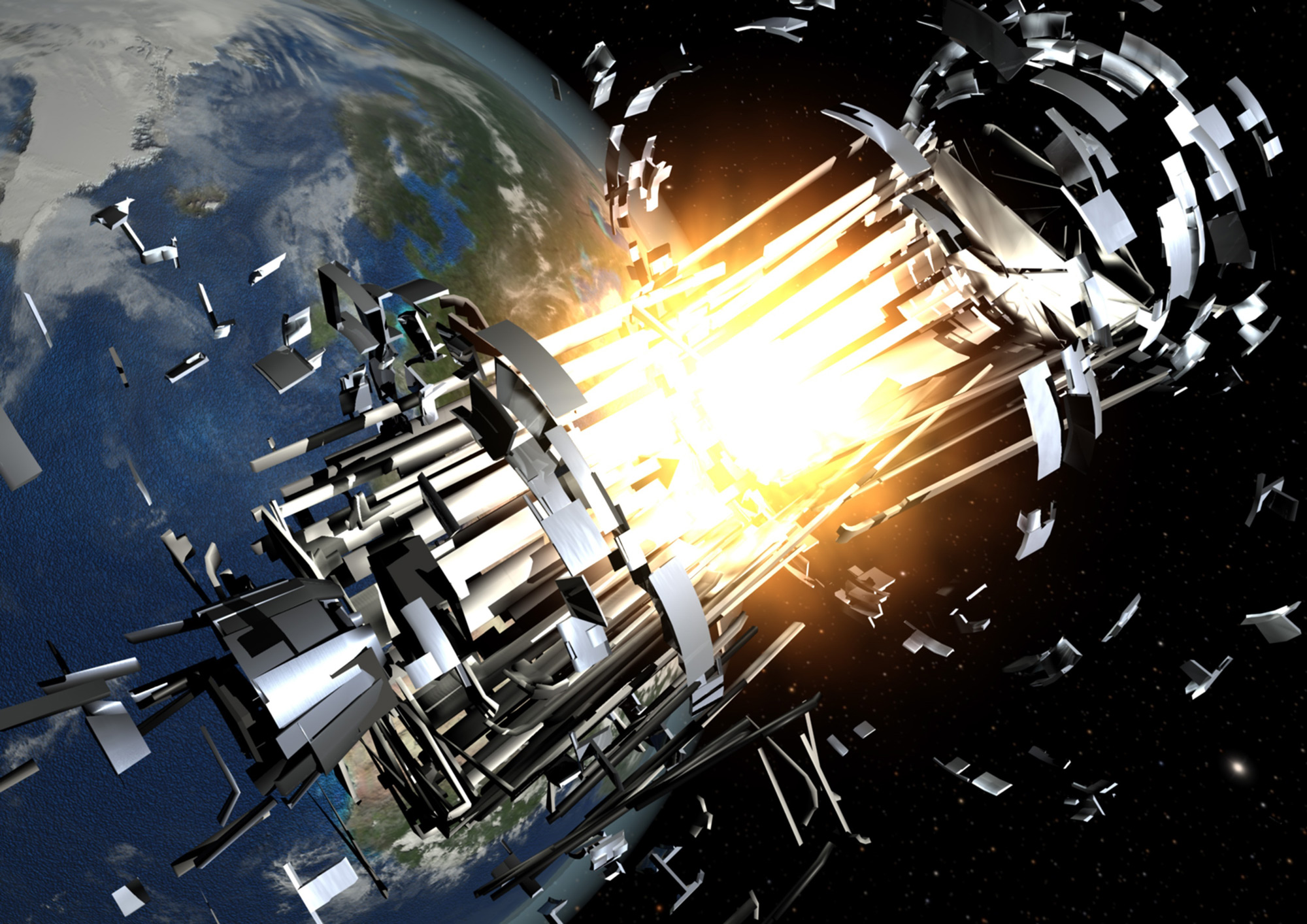 Artist's illustration of a debris-spawning event in Earth orbit that can cause the Kessler Syndrome.