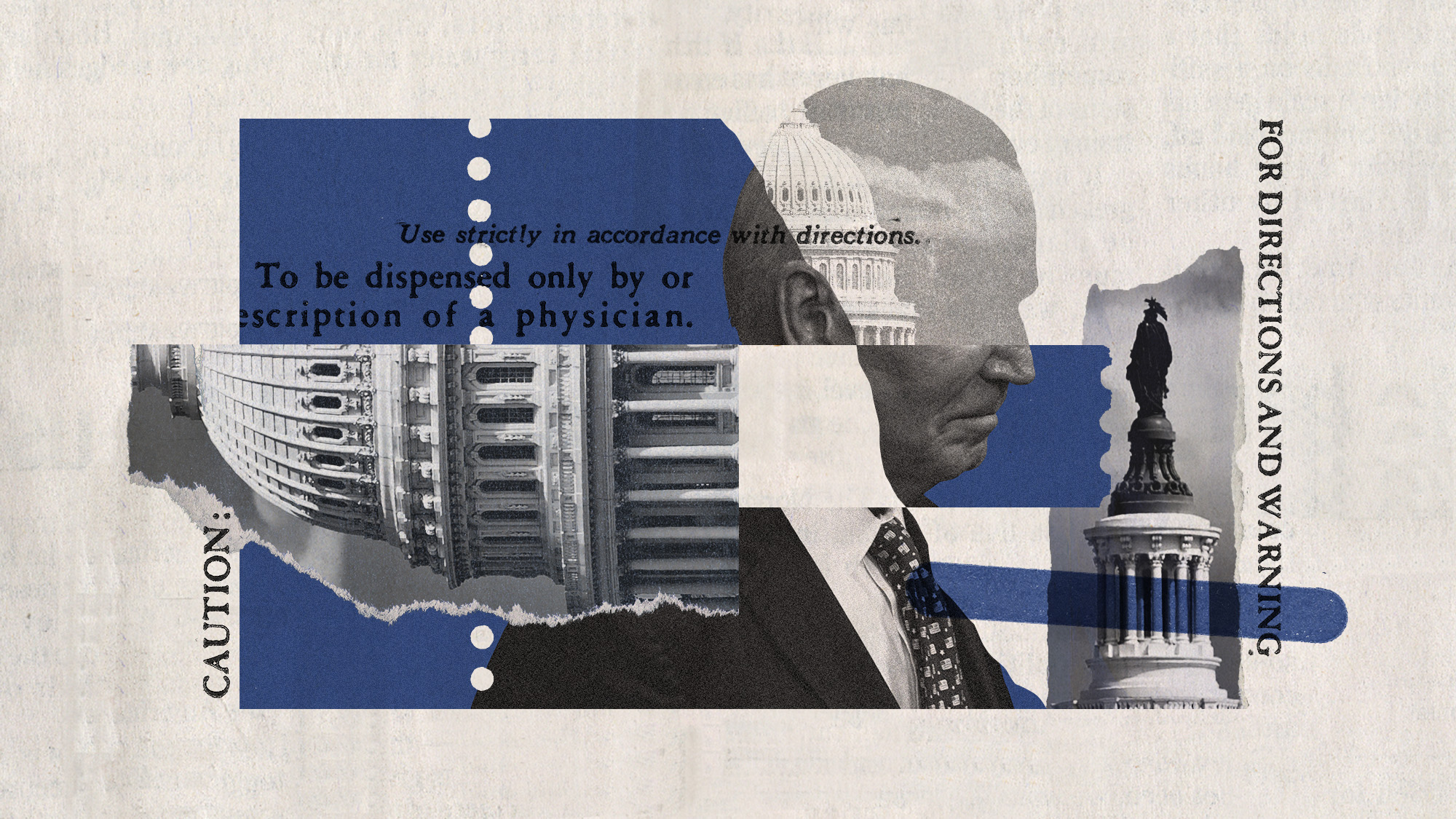 Photo collage of Joe Biden, the White House, and prescription label warnings