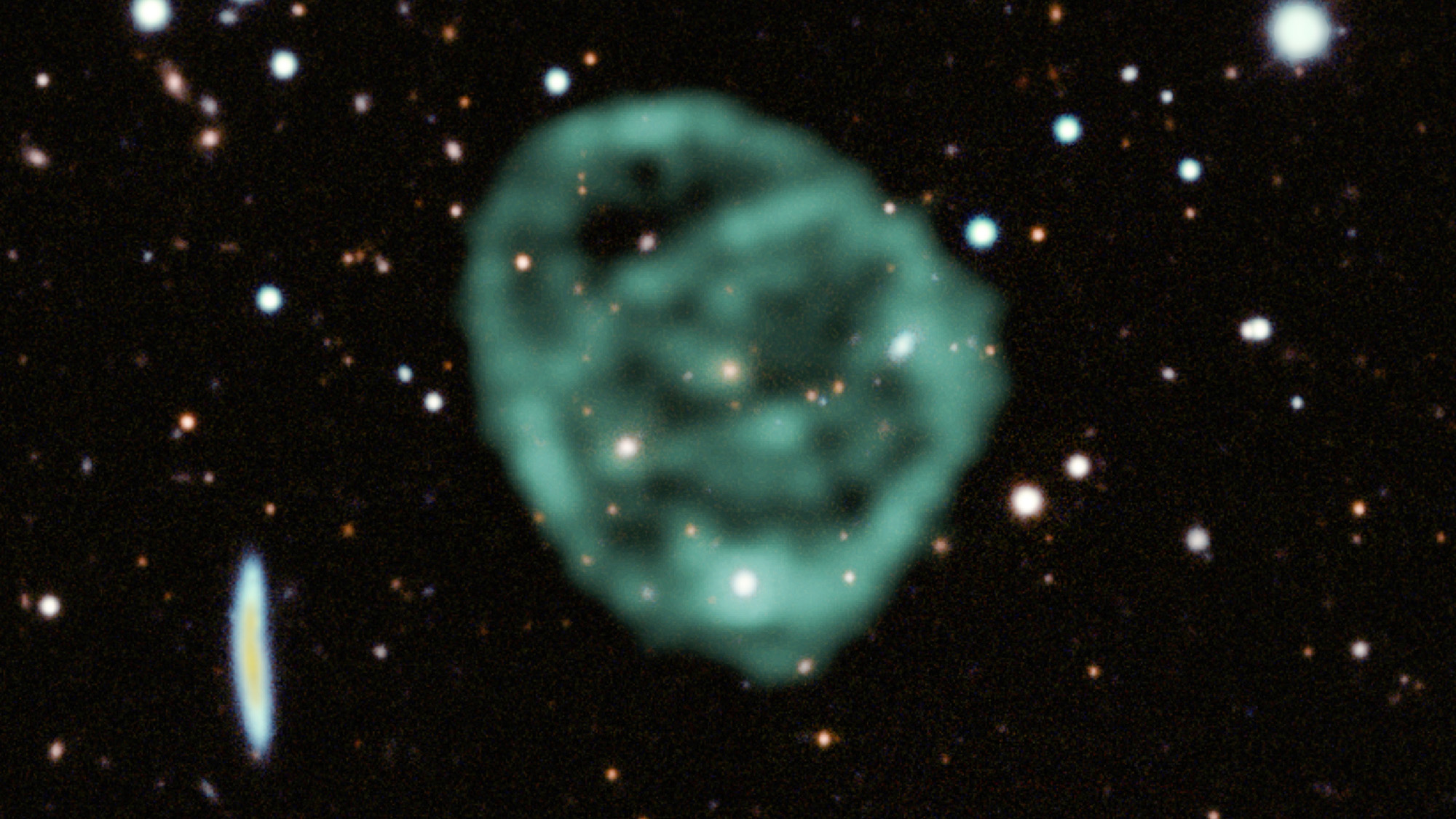 Data from SARAO's MeerKAT radio telescope data (green) showing the odd radio circles, is overlaid on optical and near infra-red data from the Dark Energy Survey.