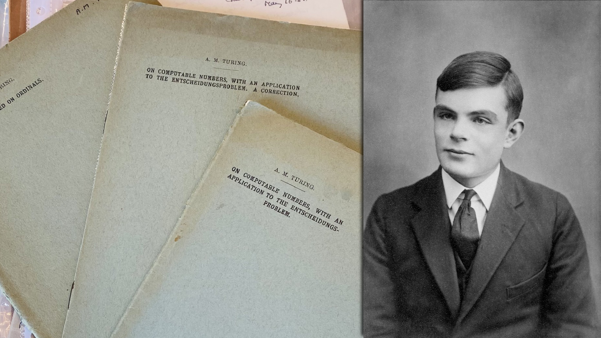 On the left, a picture of old documents written by Alan Turing. On the right, a black and white portrait of Turing.