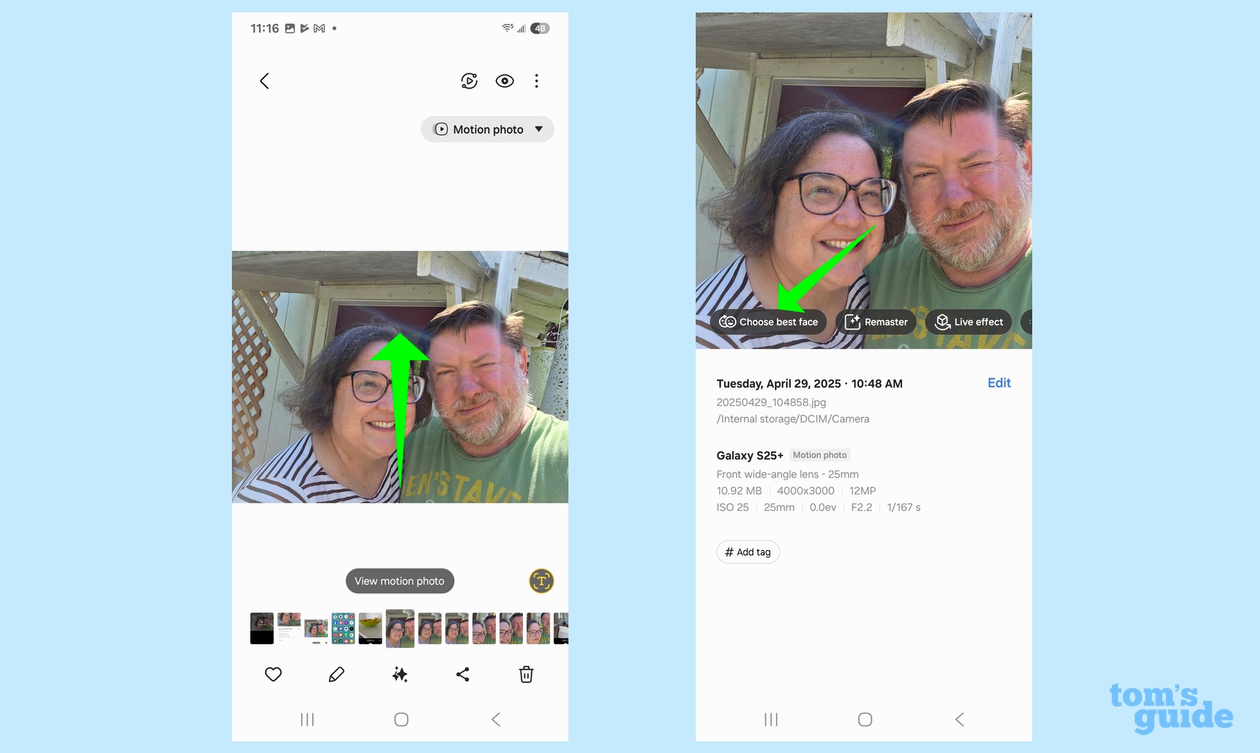 Swipe up on photo in Gallery app to access Choose Best Face option in group photo