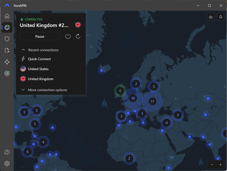 NordVPN Windows VPN app screenshot of VPN location screen