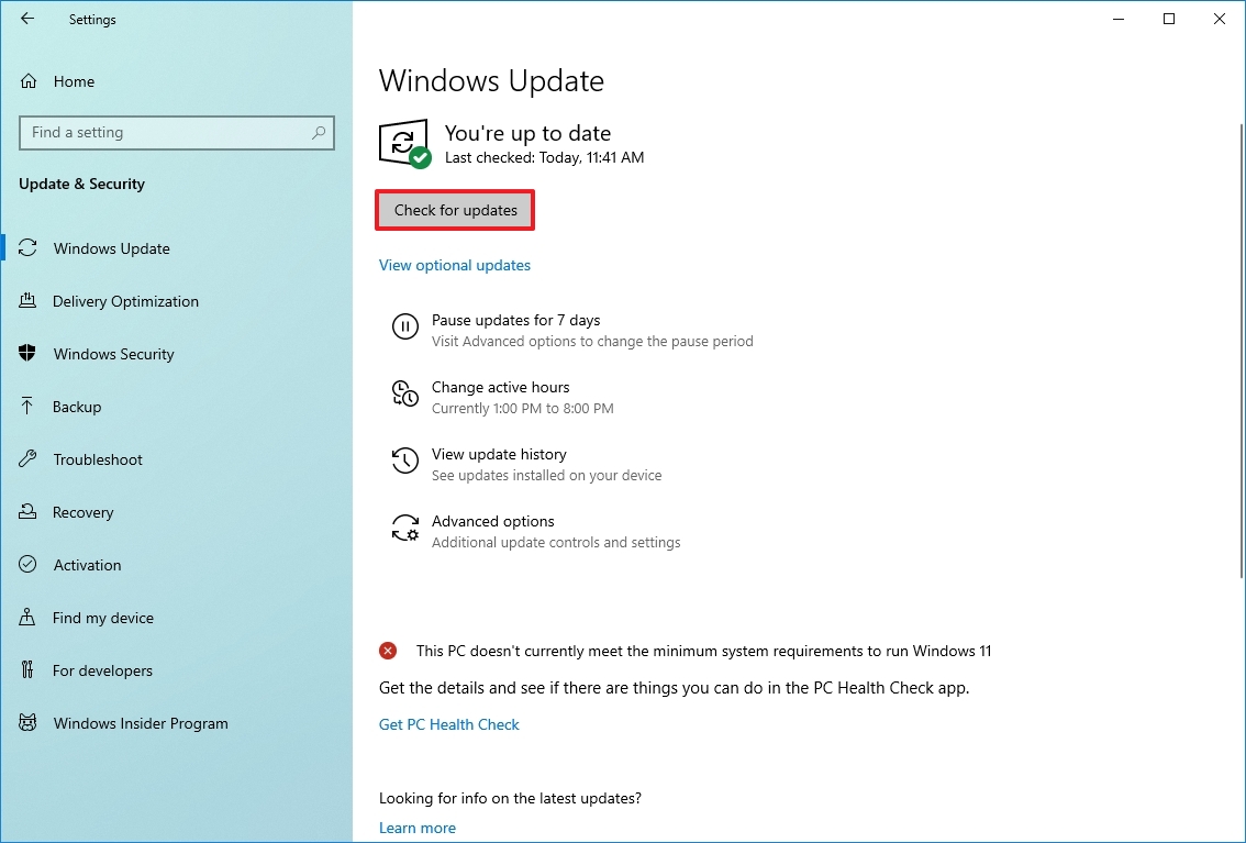 Windows 10 check for updates after reset option