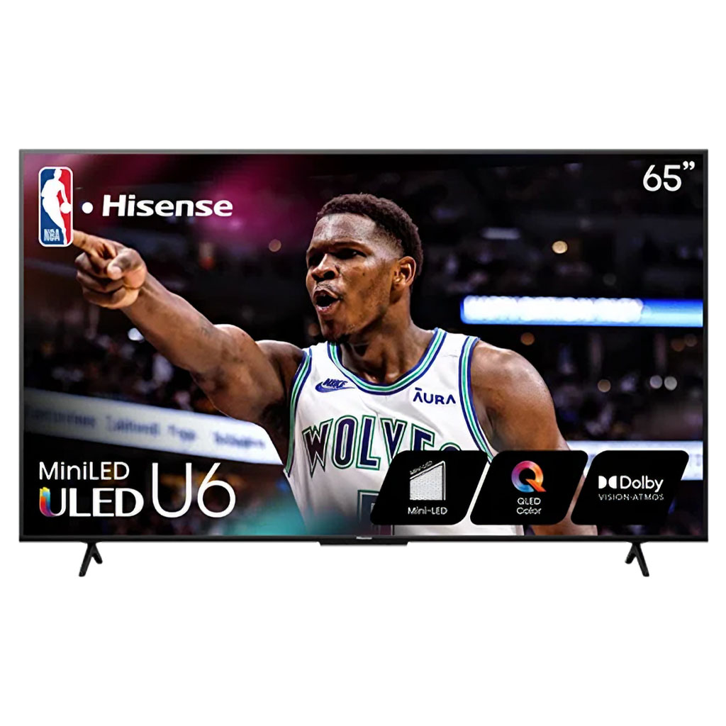 Hisense 65-Inch Class U6 Series Mini-LED ULED 4K UHD Google Smart TV 65U6N 2024 Model with basketball player on screen over a white background