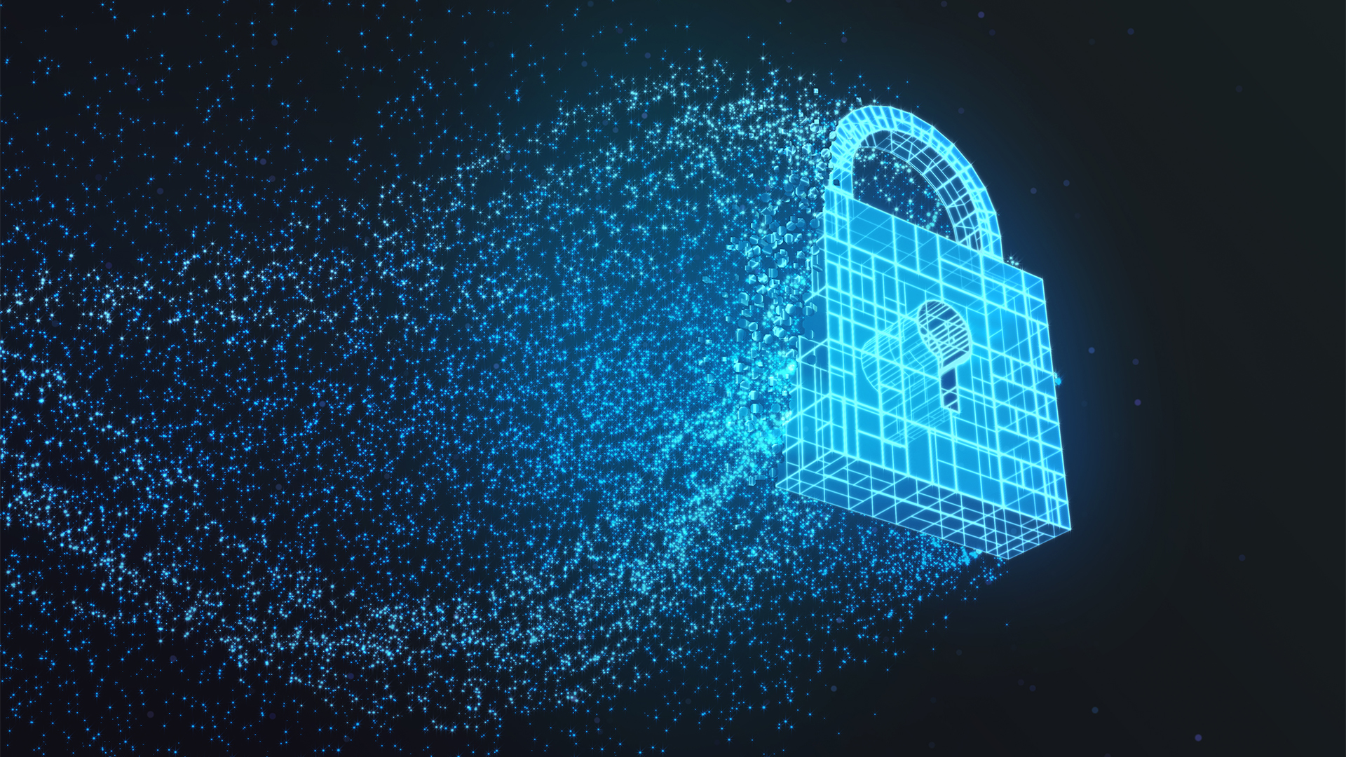 Cybersecurity concept image showing digitized padlock with data points flowing out from behind.