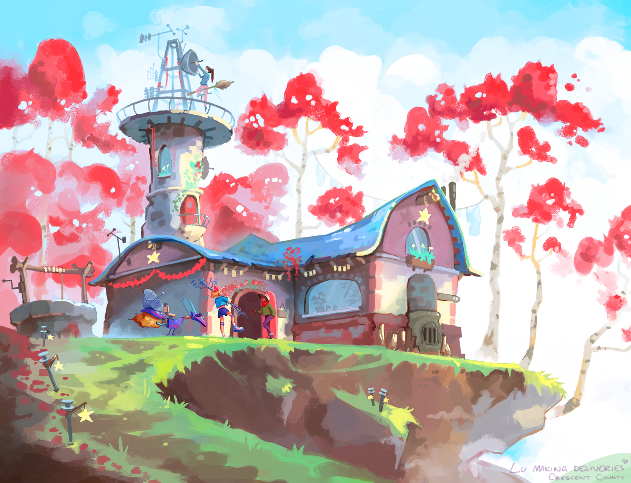 Level up your game art; painting of a stylised building with red trees