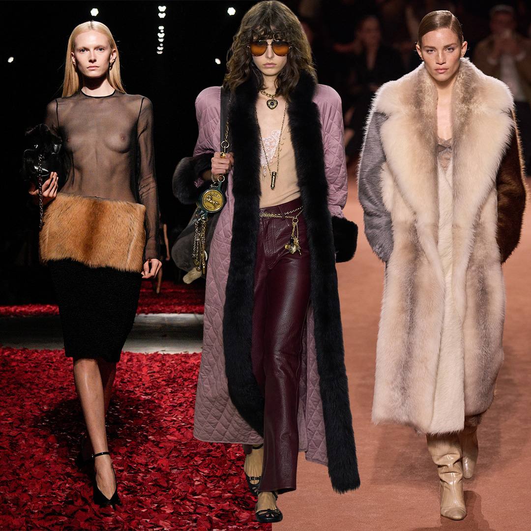 A collage of images of models on the F/W 25 runways at Miu Miu, Ferragamo, Chloé, Fendi, and Altuzarra wearing variations of fur and shearling. 