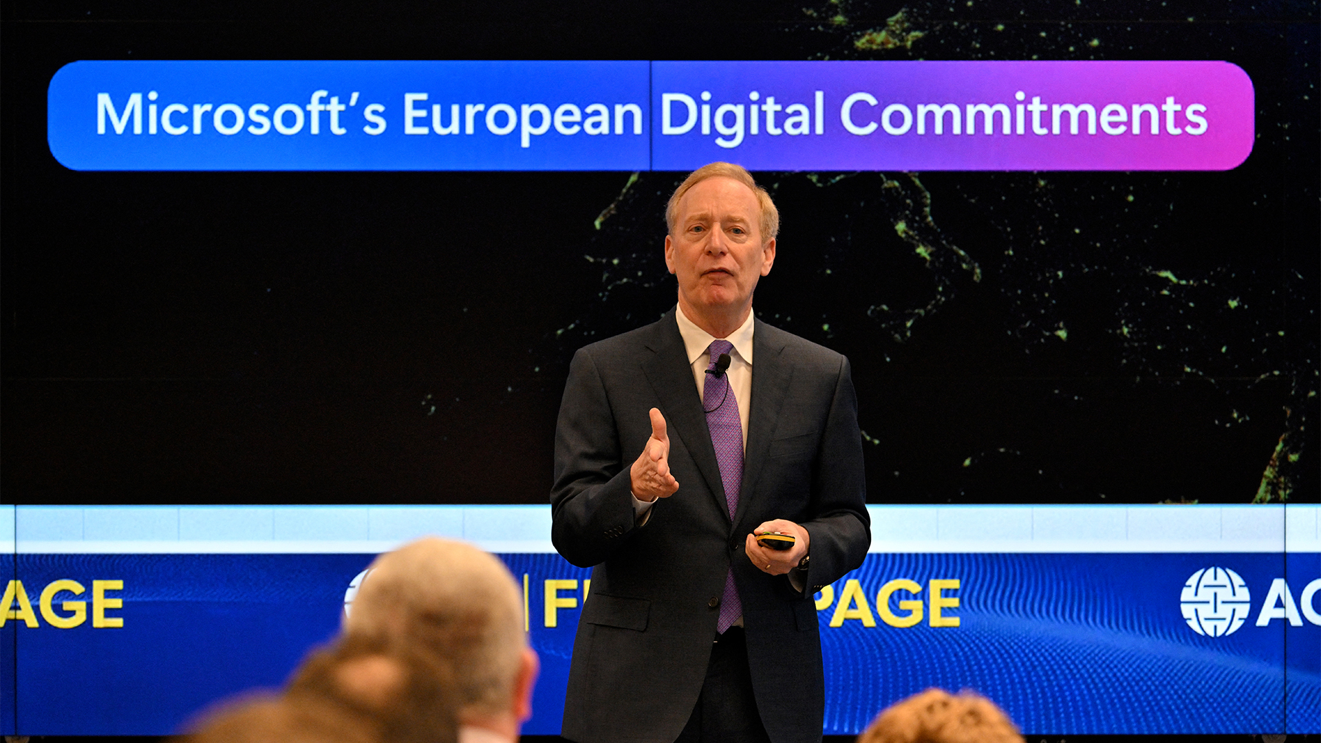 Microsoft president Brad Smith delivers a speech during a talk on "digital resilience in a time of geopolitical volatility" at the Atlantic Council, in Brussels on April 30, 2025. 