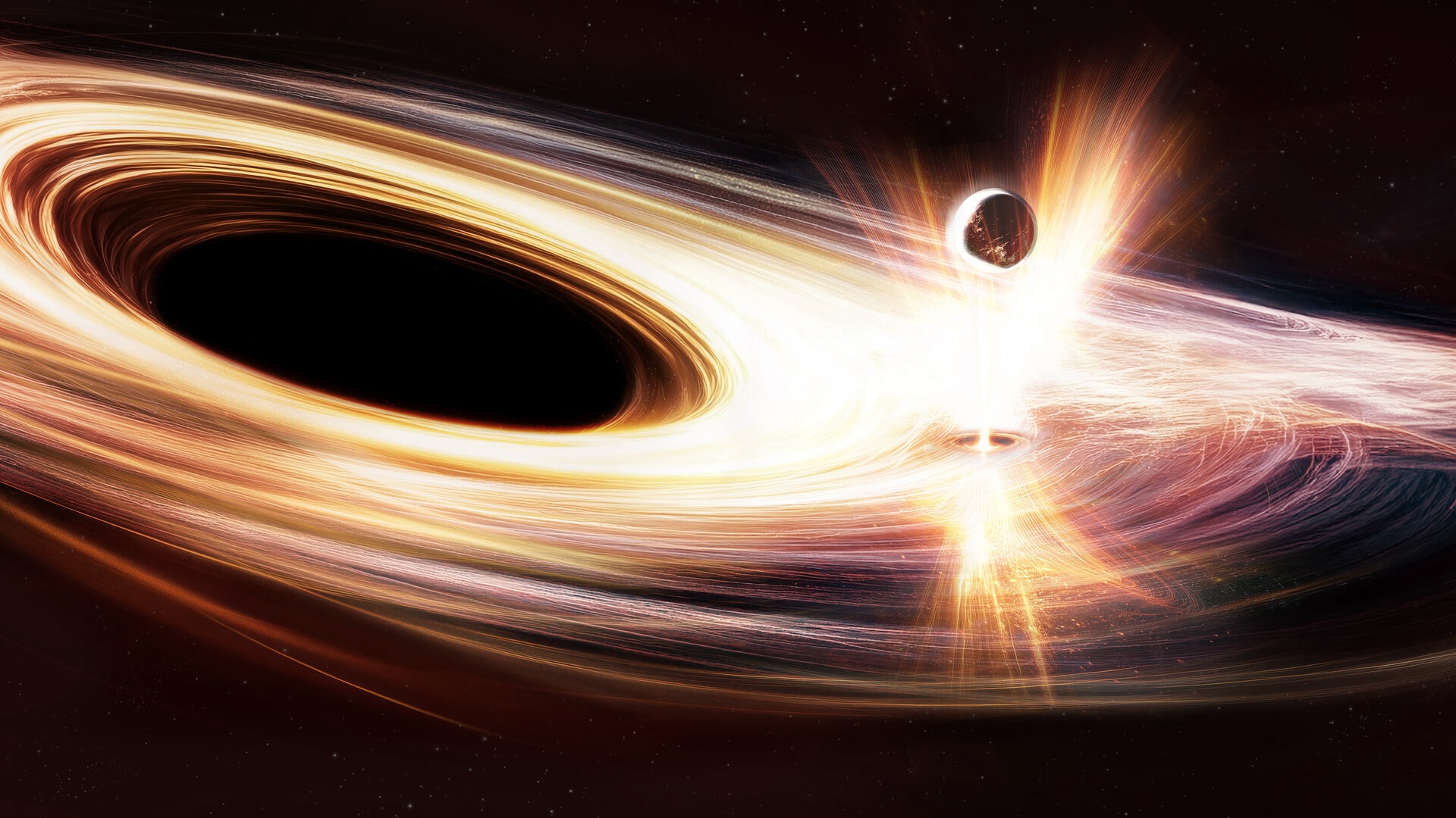 An illustration of a black hole with a small round object approaching it, causing a burst of energy